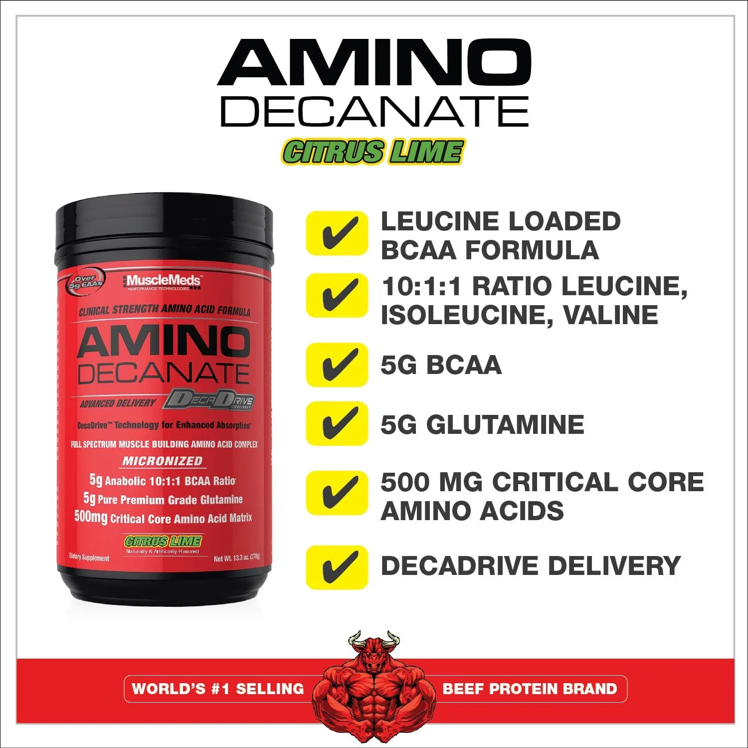 نوشیدنی حین و بعد تمرین MuscleMeds Amino DECANATE، کمپلکس کامل آمینو اسید، لوسین، ریکاوری عضلات، 30 سروینگ (مرکبات لیمویی)