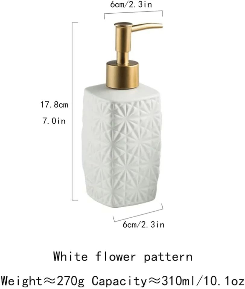 ظرف صابون مایع 310 میلی لیتر طرح برجسته سرامیکی، بطری لوسیون حمام، ظرف لوسیون زیبا - طرح گل سفید
