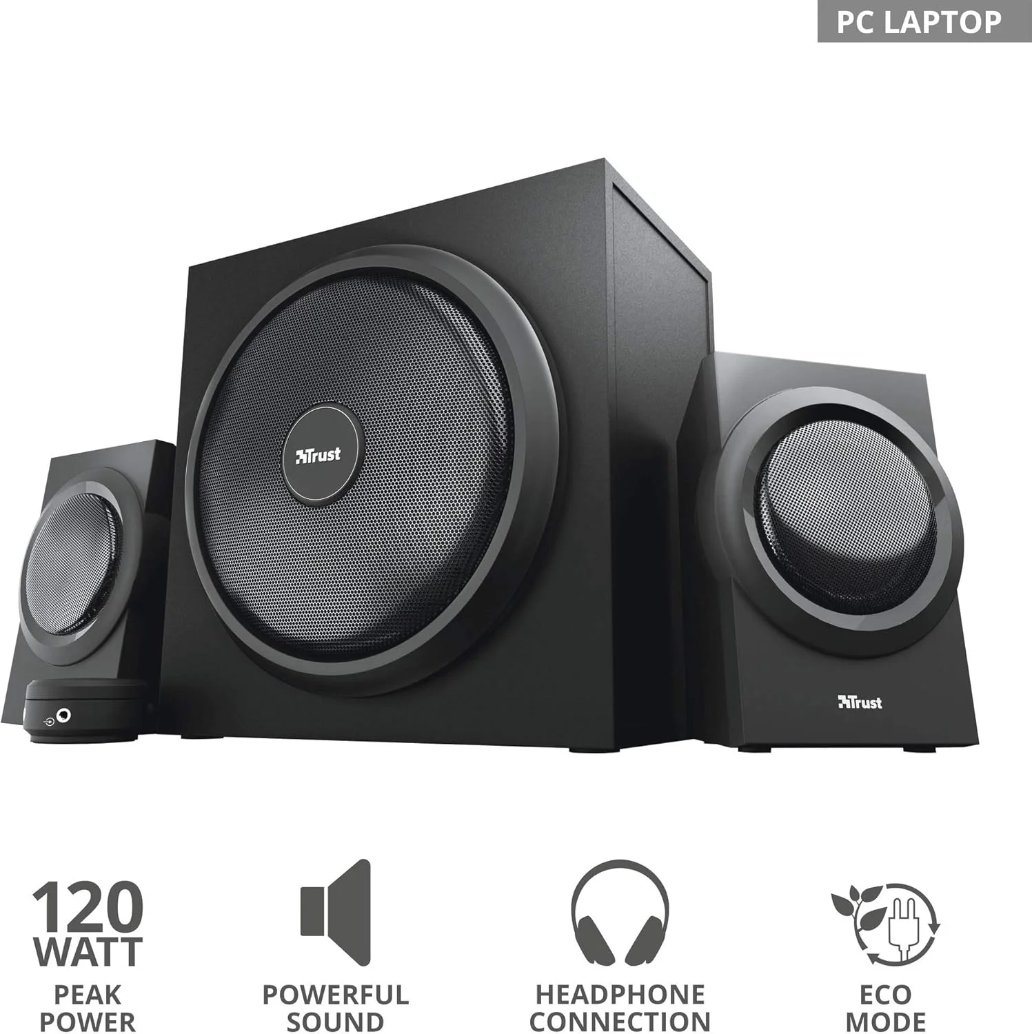 ست اسپیکر 2.1 تراست یوری با ساب ووفر چوبی، 120 وات (60 وات RMS)، دوشاخه UK، اسپیکرهای PC با بیس پویا، کنترل صدای سیمی، سیستم صوتی برای کامپیوتر، لپ تاپ، تلفن هوشمند، تبلت - مشکی