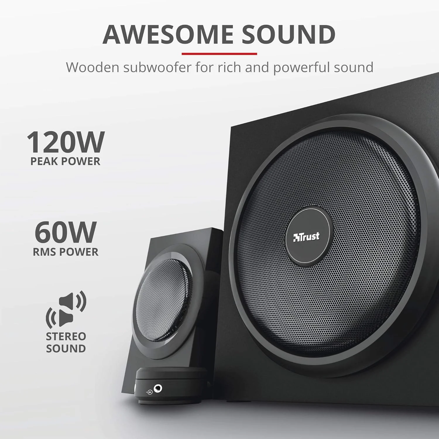 ست اسپیکر 2.1 تراست یوری با ساب ووفر چوبی، 120 وات (60 وات RMS)، دوشاخه UK، اسپیکرهای PC با بیس پویا، کنترل صدای سیمی، سیستم صوتی برای کامپیوتر، لپ تاپ، تلفن هوشمند، تبلت - مشکی