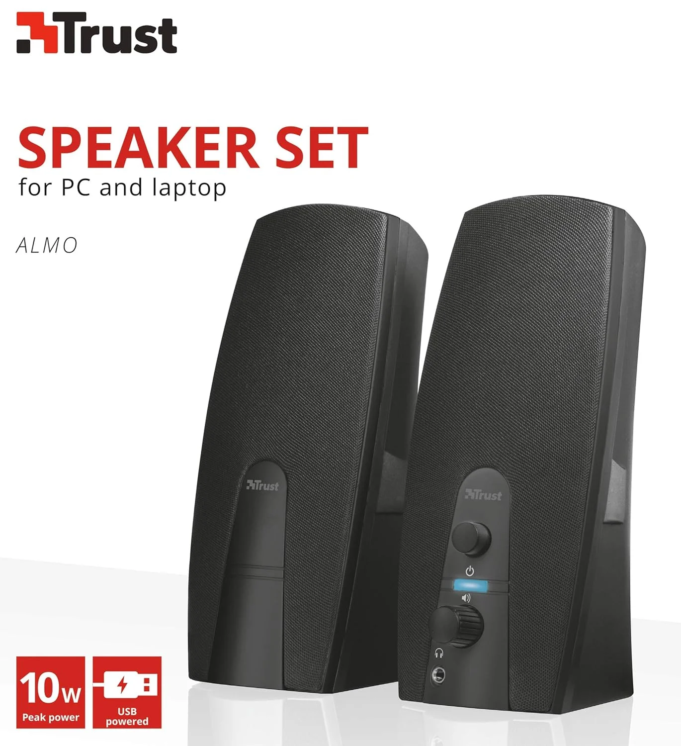 ست اسپیکر کامپیوتر تراست Almo 2.0، توان خروجی 10 وات، سیستم صوتی با تغذیه USB، اتصال صوتی 3.5 میلی متری، اسپیکر با صدای شفاف برای کامپیوتر، لپ تاپ، مک - مشکی [اختصاصی آمازون]