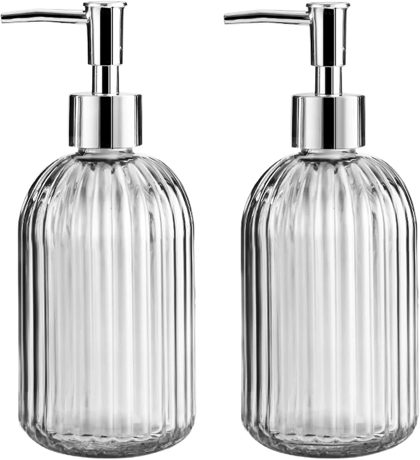 ۲ عدد دیسپنسر صابون شیشه‌ای حمام، ۱۲ اونس، دیسپنسر صابون شیشه‌ای با پمپ استیل ضد زنگ، دیسپنسر مایع صابون برای کانتر، آشپزخانه، حمام (شفاف)