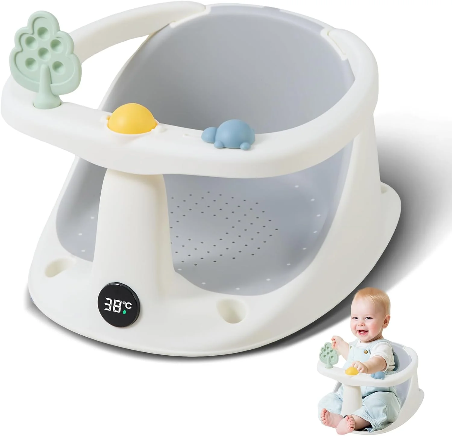 صندلی حمام کودک ERTYU مناسب برای کودکان 6-18 ماهه، صندلی وان حمام برای صندلی نشیمن کودک با نمایشگر دمای آب، لوازم ضروری نوزاد، وان کودک نوپا، تکیه گاه دوش نشسته