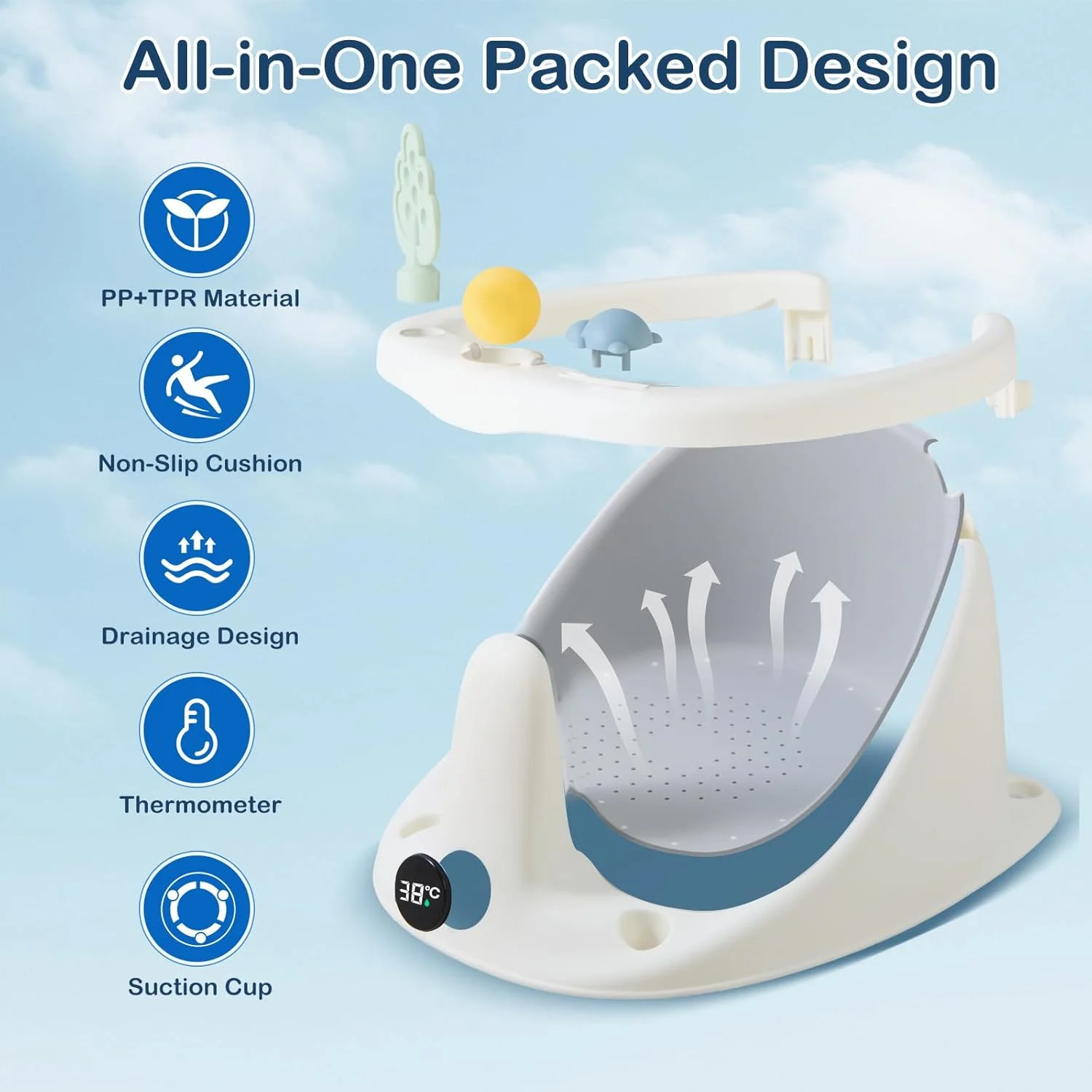 صندلی حمام کودک ERTYU مناسب برای کودکان 6-18 ماهه، صندلی وان حمام برای صندلی نشیمن کودک با نمایشگر دمای آب، لوازم ضروری نوزاد، وان کودک نوپا، تکیه گاه دوش نشسته صندلی حمام کودک ERTYU مناسب برای کودکان 6-18 ماهه، صندلی وان حمام برای صندلی نشیمن کودک با نمایشگر دمای آب، لوازم ضروری نوزاد، وان کودک نوپا، تکیه گاه دوش نشسته