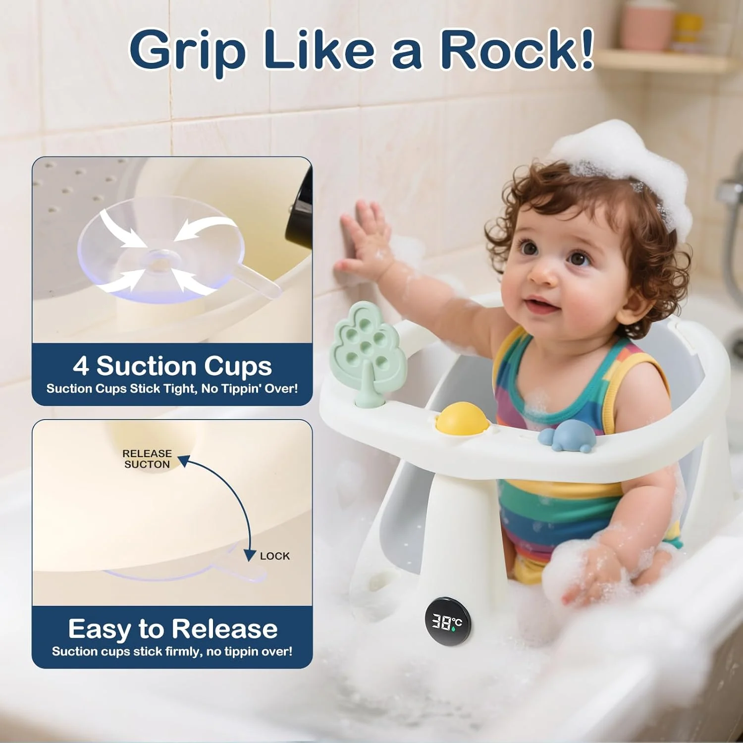 صندلی حمام کودک ERTYU مناسب برای کودکان 6-18 ماهه، صندلی وان حمام برای صندلی نشیمن کودک با نمایشگر دمای آب، لوازم ضروری نوزاد، وان کودک نوپا، تکیه گاه دوش نشسته صندلی حمام کودک ERTYU مناسب برای کودکان 6-18 ماهه، صندلی وان حمام برای صندلی نشیمن کودک با نمایشگر دمای آب، لوازم ضروری نوزاد، وان کودک نوپا، تکیه گاه دوش نشسته