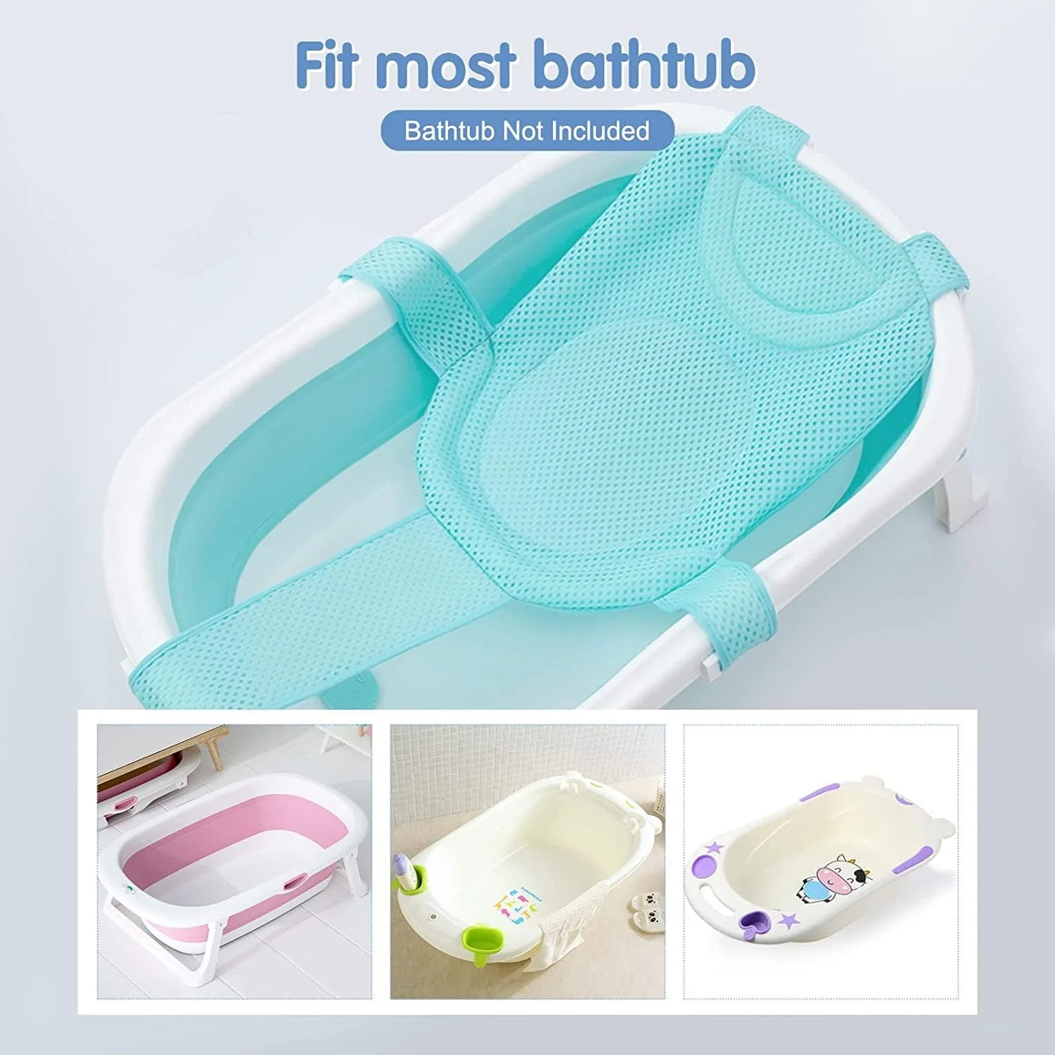 توری پشتیبانی صندلی حمام کودک ELECDON، تشک پشتیبانی صندلی حمام نوزاد، توری دوش نوزاد پنج نقطه ای راحت و قابل تنظیم ضد لغزش، توری نشیمن وان برای نوزاد 0-6 ماهه آبی