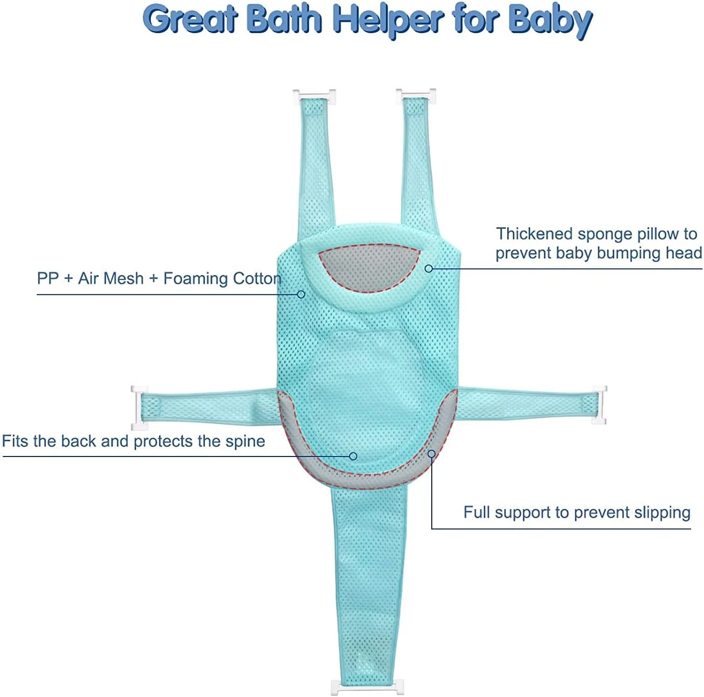 توری پشتیبانی صندلی حمام کودک ELECDON، تشک پشتیبانی صندلی حمام نوزاد، توری دوش نوزاد پنج نقطه ای راحت و قابل تنظیم ضد لغزش، توری نشیمن وان برای نوزاد 0-6 ماهه آبی