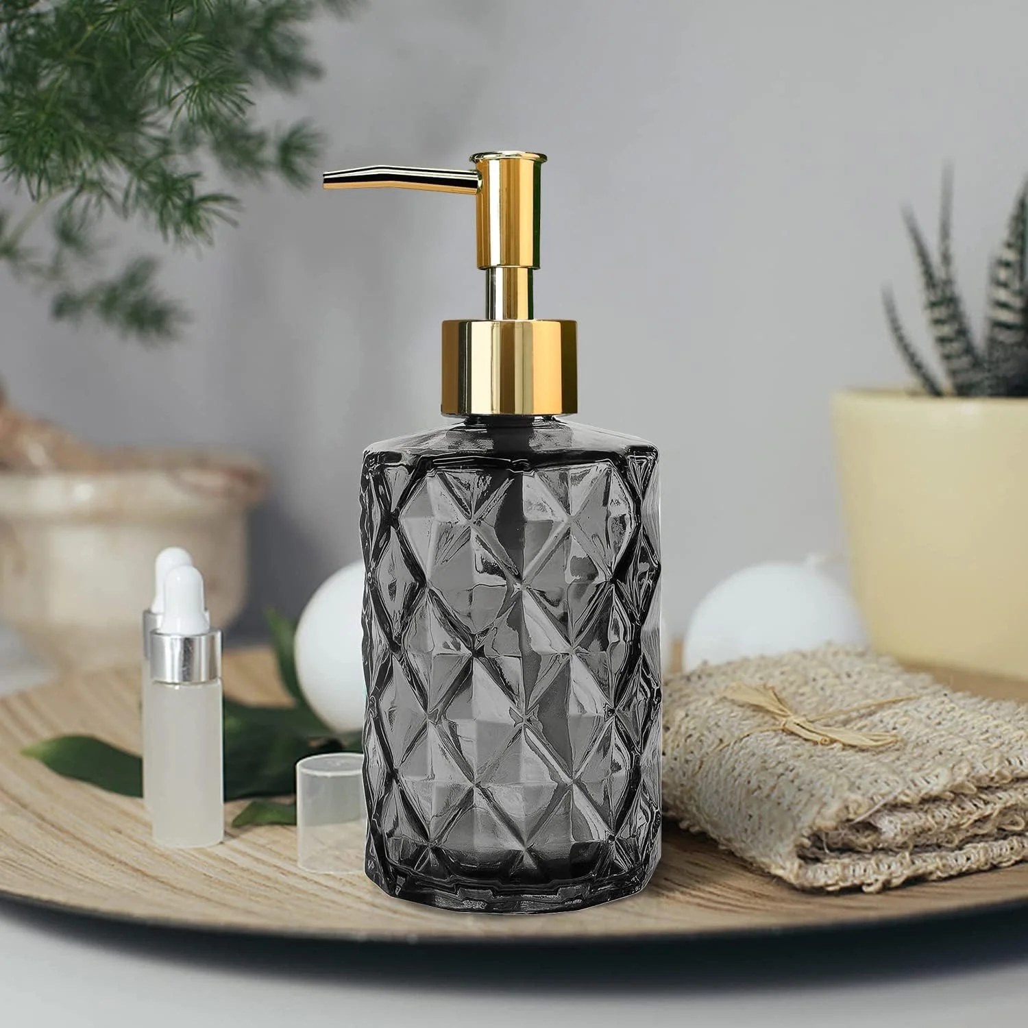 ست دو عددی جا مایع شیشه ای، جا مایع دست و ظرفشویی 325 میلی لیتری با پمپ طلایی، بطری پمپ لوسیون قابل شارژ حمام، جا مایع ظرفشویی سینک آشپزخانه با فشار دست برای مایع، لوسیون