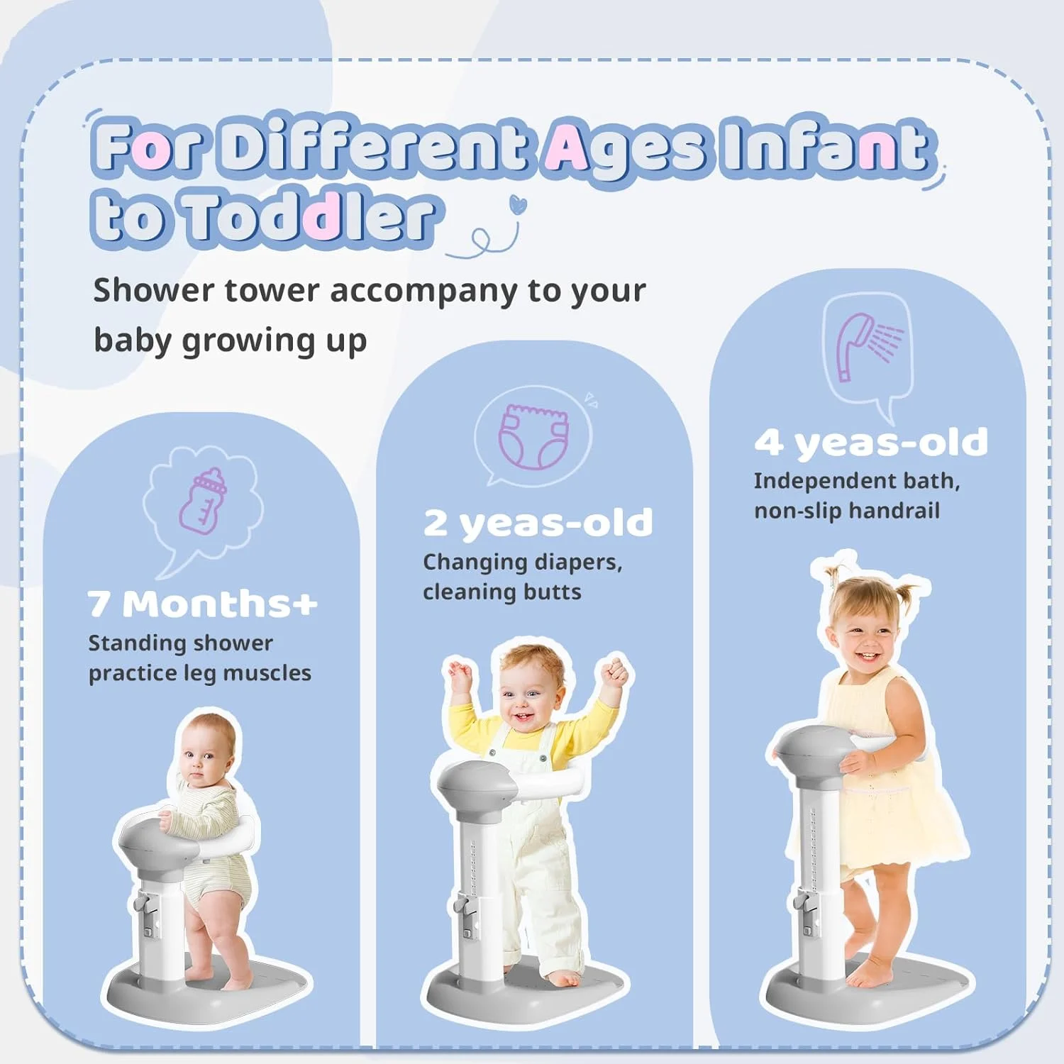 حمام نوزاد COOSEYA با پایه دوش | پایه ضد نیشگون برای وان حمام کودک، برج دوش قابل تنظیم و ضد لغزش برای کودک نوپا که خودش می ایستد، هدیه ایده آل برای نوزادان 6-36 ماهه