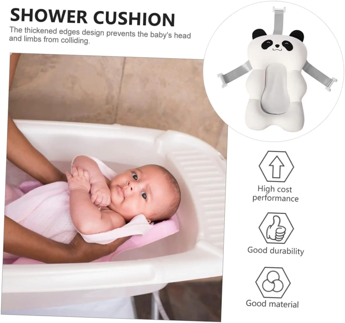 بالش آغوشی نوزاد، تشک پاندا برای حمام، توری حمام، پشتیبانی از وان با پد، مناسب نوزاد تازه متولد شده و کودک نوپا، پشتیبانی ضخیم برای نشستن در حمام، صندلی سفید ضد لغزش قابل تنظیم برای نوزاد