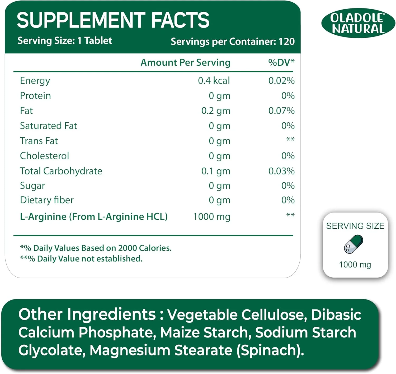 ال آرژنین دو برابر قوی اولادول نچرال (1000 میلی گرم) - 120 قرص | تقویت کننده اکسید نیتریک و اسید آمینه ضروری | بهبود سلامت قلب و عروق، گردش خون، رشد عضلات، انرژی و عملکرد ال آرژنین دو برابر قوی اولادول نچرال (1000 میلی گرم) - 120 قرص | تقویت کننده اکسید نیتریک و اسید آمینه ضروری | بهبود سلامت قلب و عروق، گردش خون، رشد عضلات، انرژی و عملکرد