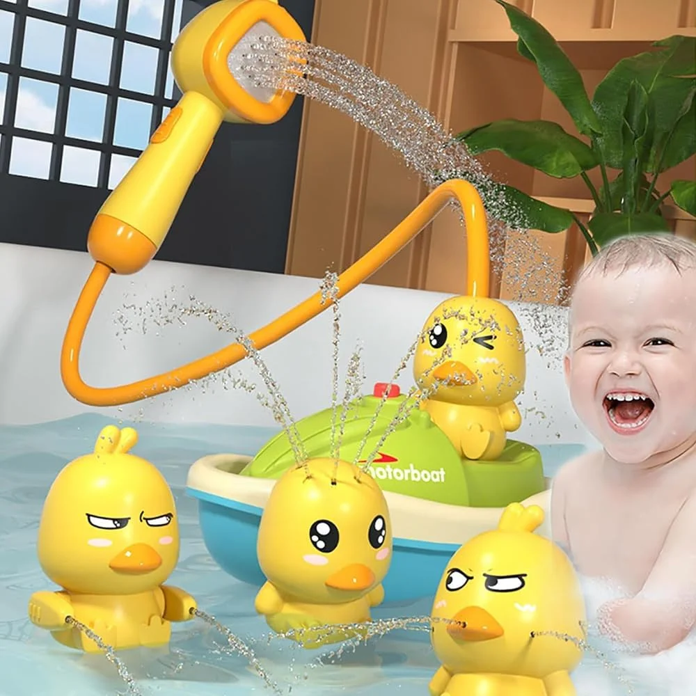 اسباب بازی حمام کودک AMERTEER - اسباب بازی اردک شناور با قابلیت پاشش آب و سر دوش - اسباب بازی تعاملی موتوری برای کودکان 2 تا 5 سال - اسباب بازی حمام کودک ناز