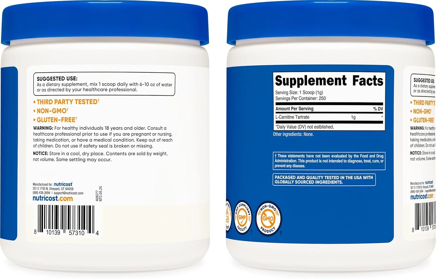 پودر ال-کارنیتین تارتارات نوتری‌کاست ۲۵۰ گرم