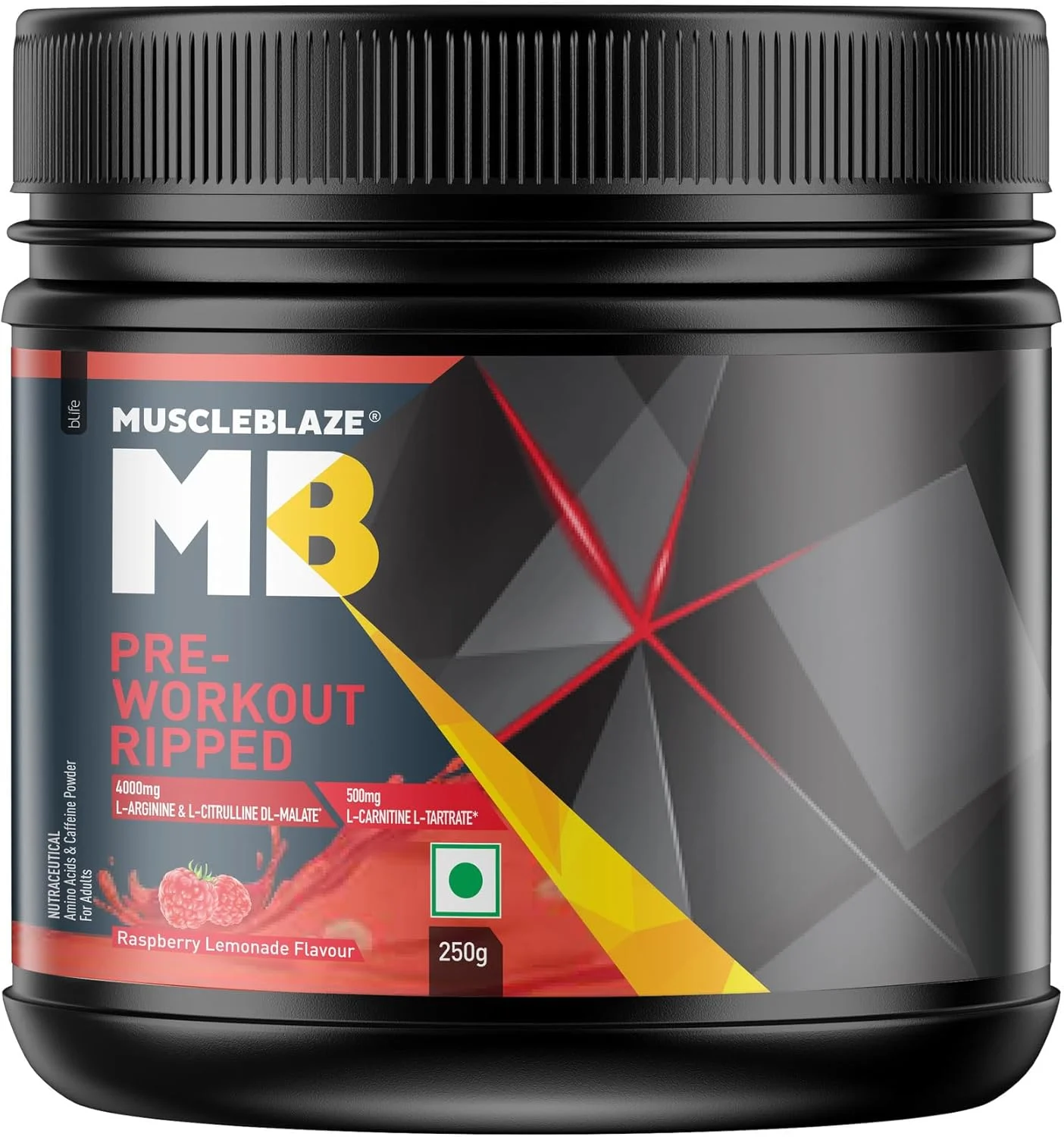 پودر قبل از تمرین MuscleBlaze Ripped برای بزرگسالان (تمشک لیموناد، 250 گرم، 27 سروینگ) 4000 میلی گرم سیترولین و ال-آرژنین، 500 میلی گرم ال-کارنیتین، 500 میلی گرم عصاره گارسینیا