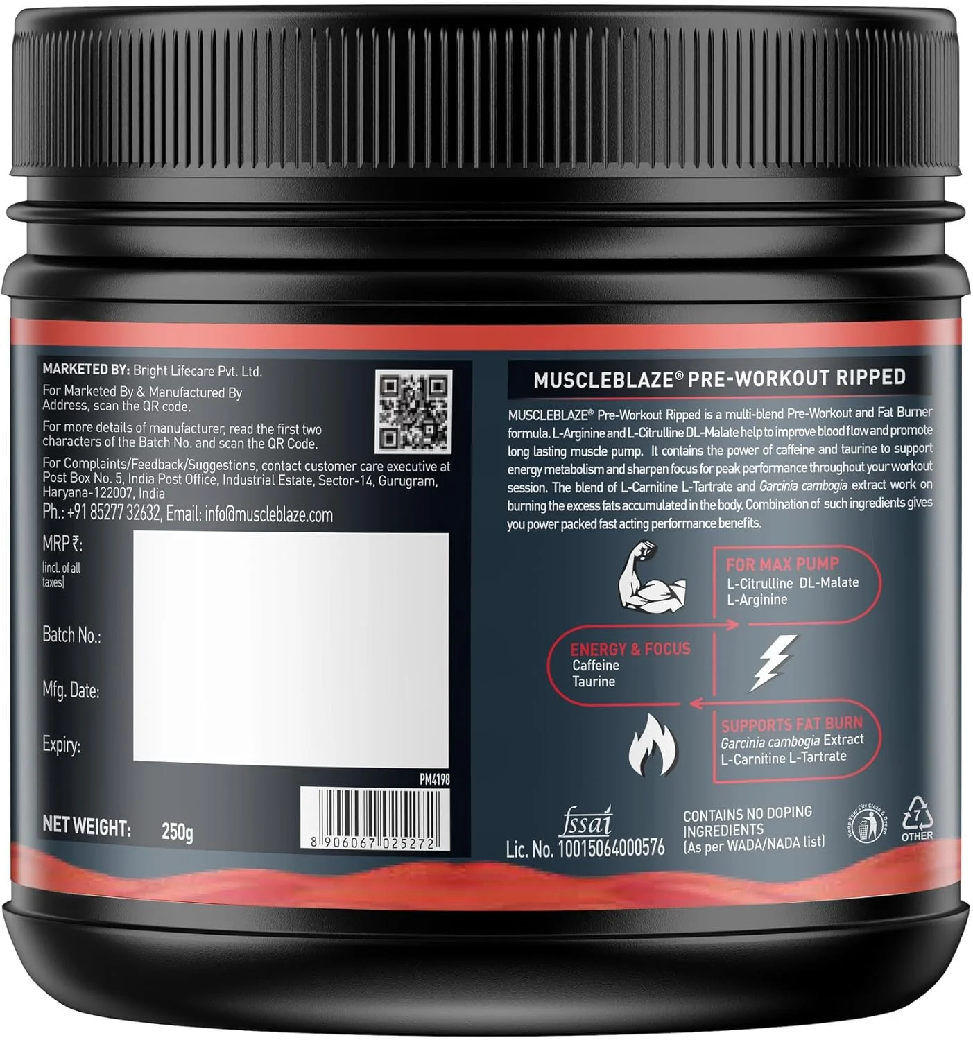 پودر قبل از تمرین MuscleBlaze Ripped برای بزرگسالان (تمشک لیموناد، 250 گرم، 27 سروینگ) 4000 میلی گرم سیترولین و ال-آرژنین، 500 میلی گرم ال-کارنیتین، 500 میلی گرم عصاره گارسینیا