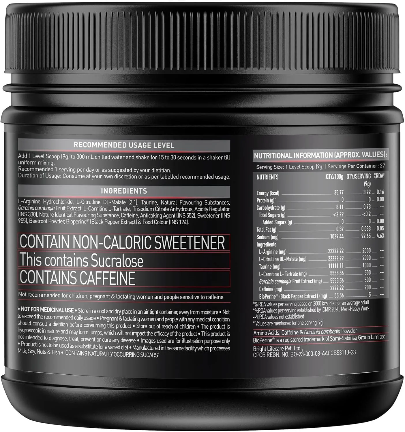 پودر قبل از تمرین MuscleBlaze Ripped برای بزرگسالان (تمشک لیموناد، 250 گرم، 27 سروینگ) 4000 میلی گرم سیترولین و ال-آرژنین، 500 میلی گرم ال-کارنیتین، 500 میلی گرم عصاره گارسینیا