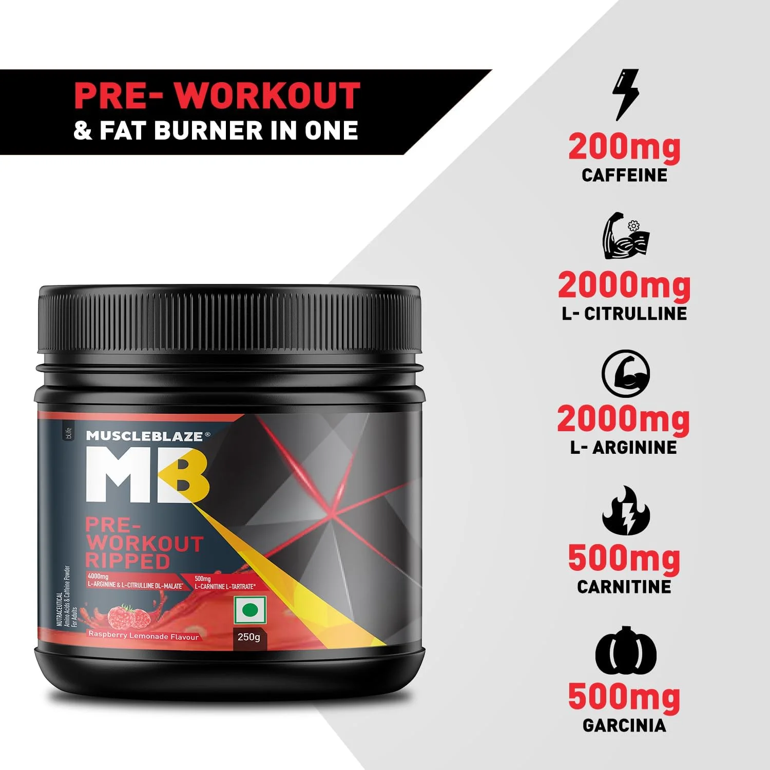 پودر قبل از تمرین MuscleBlaze Ripped برای بزرگسالان (تمشک لیموناد، 250 گرم، 27 سروینگ) 4000 میلی گرم سیترولین و ال-آرژنین، 500 میلی گرم ال-کارنیتین، 500 میلی گرم عصاره گارسینیا