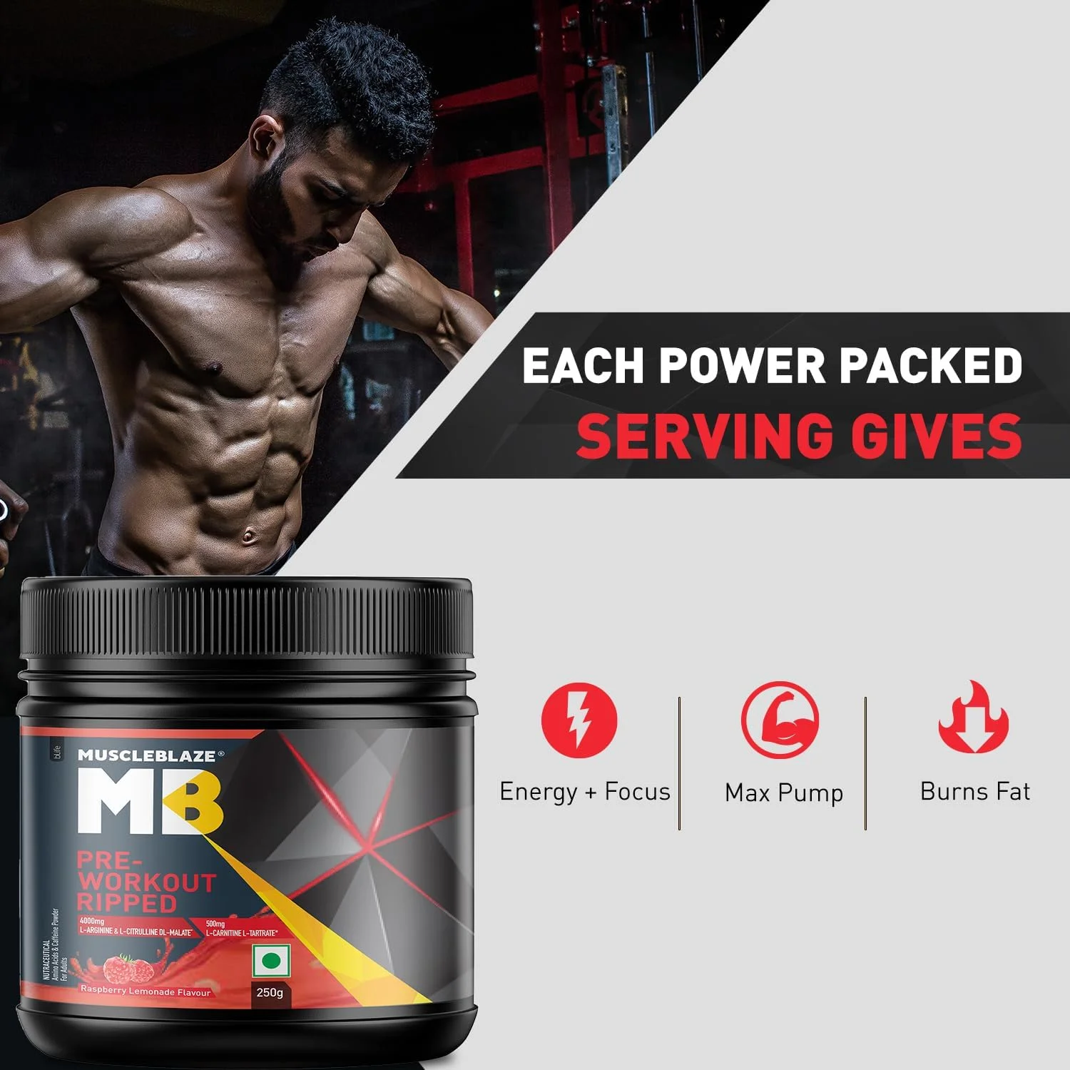 پودر قبل از تمرین MuscleBlaze Ripped برای بزرگسالان (تمشک لیموناد، 250 گرم، 27 سروینگ) 4000 میلی گرم سیترولین و ال-آرژنین، 500 میلی گرم ال-کارنیتین، 500 میلی گرم عصاره گارسینیا