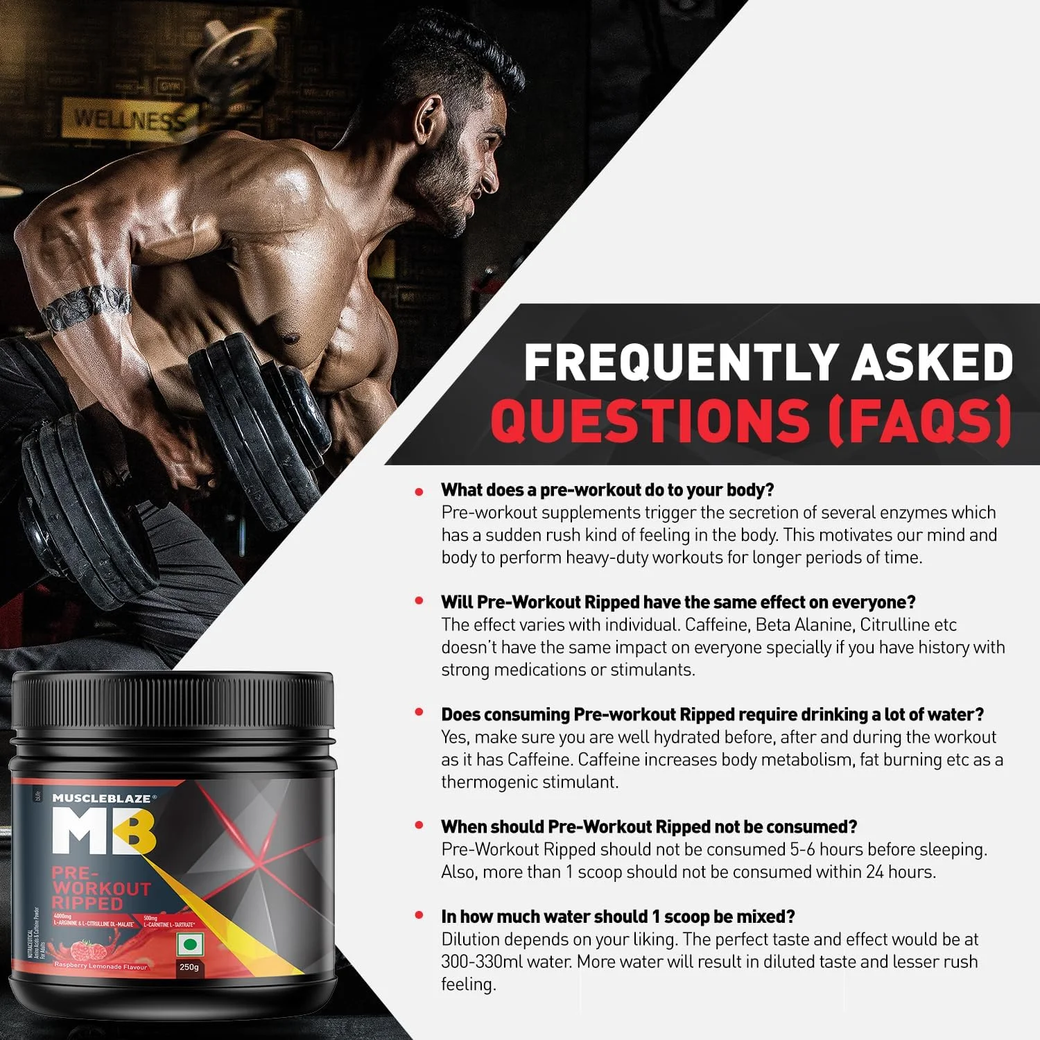 پودر قبل از تمرین MuscleBlaze Ripped برای بزرگسالان (تمشک لیموناد، 250 گرم، 27 سروینگ) 4000 میلی گرم سیترولین و ال-آرژنین، 500 میلی گرم ال-کارنیتین، 500 میلی گرم عصاره گارسینیا