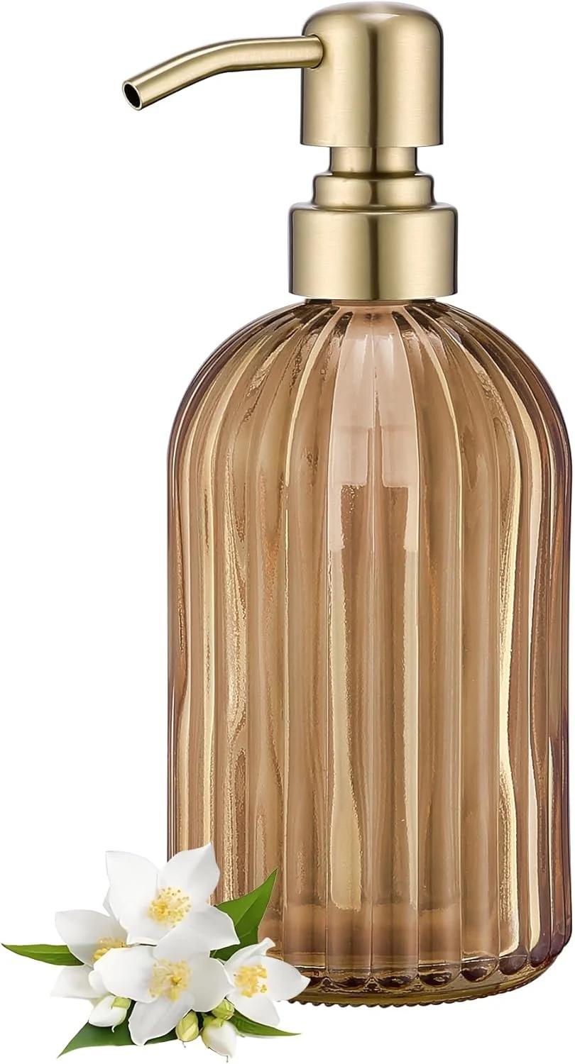 دیسپنسر صابون شیشه‌ای ۱۶ اونسی کهربایی، دیسپنسرهای صابون دست شیشه‌ای کهربایی راه راه حمام با پمپ استیل ضد زنگ طلایی مات، دیسپنسر صابون دست شیشه‌ای قهوه‌ای آشپزخانه با پمپ طلایی مات