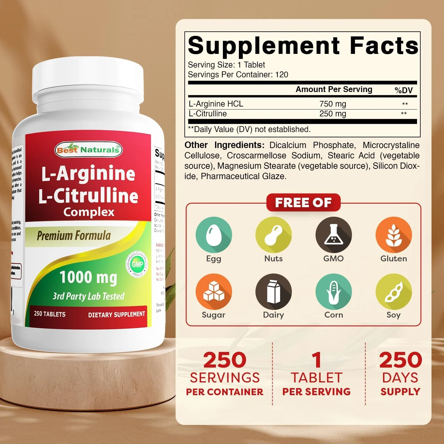 قرص های کمپلکس ال-آرژنین ال-سیترولین Best Naturals، 250 عدد قرص های کمپلکس ال-آرژنین ال-سیترولین Best Naturals، 250 عدد