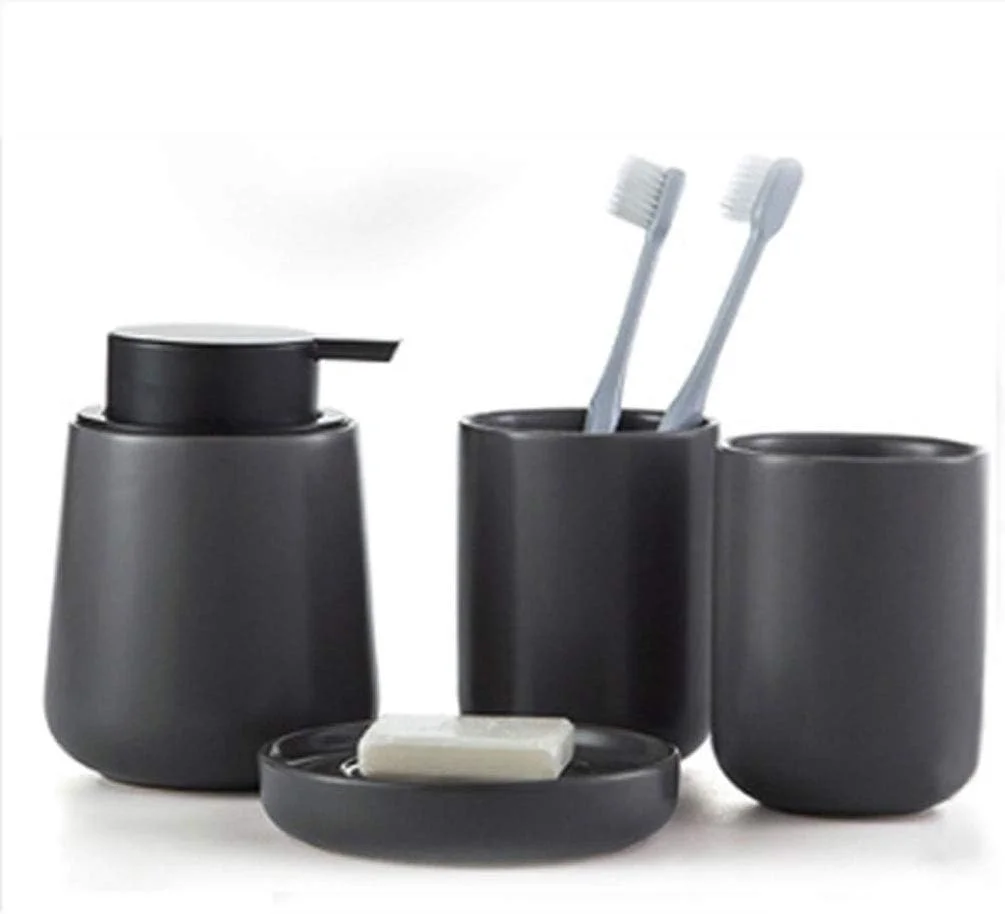 جا مایع دستشویی سرامیکی ست چهار تکه حمام، جا مایع ظرفشویی آشپزخانه، شامپو، ژل دوش، بطری خالی