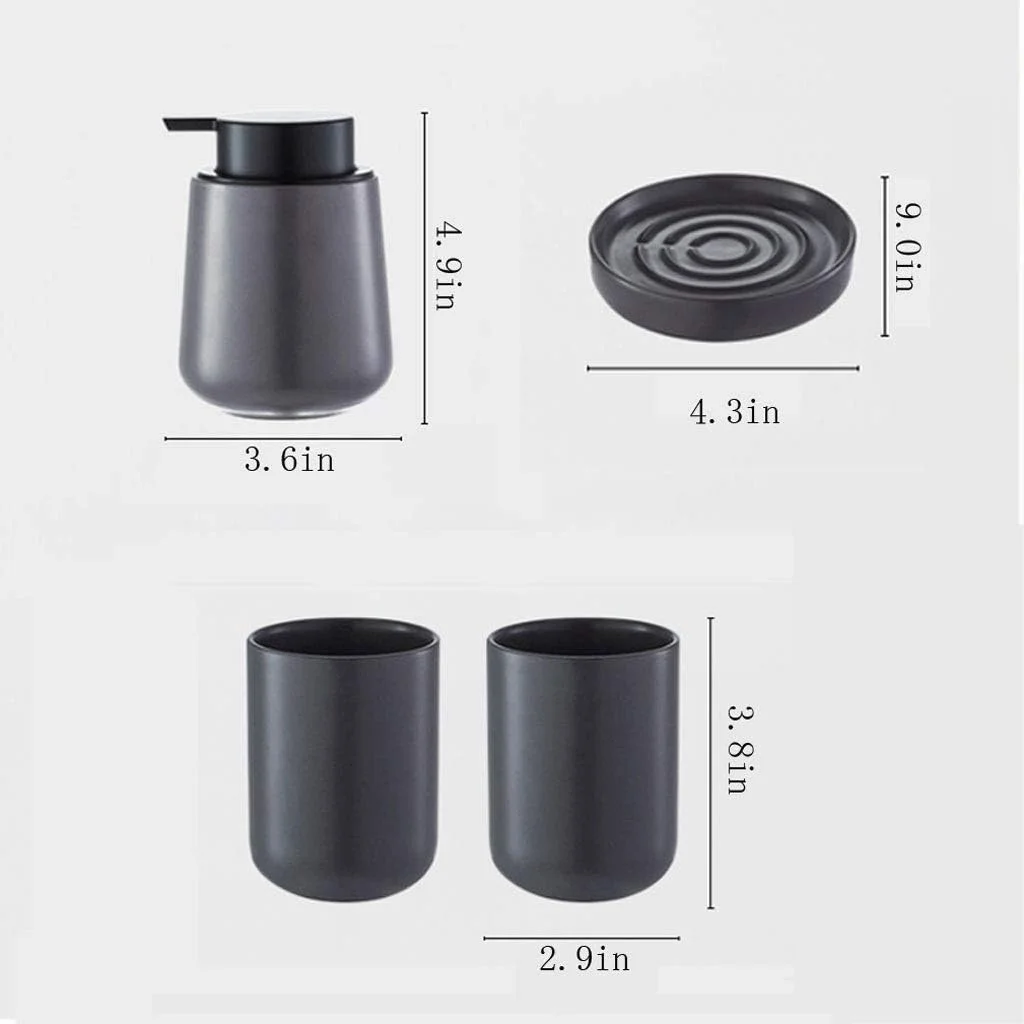 جا مایع دستشویی سرامیکی ست چهار تکه حمام، جا مایع ظرفشویی آشپزخانه، شامپو، ژل دوش، بطری خالی