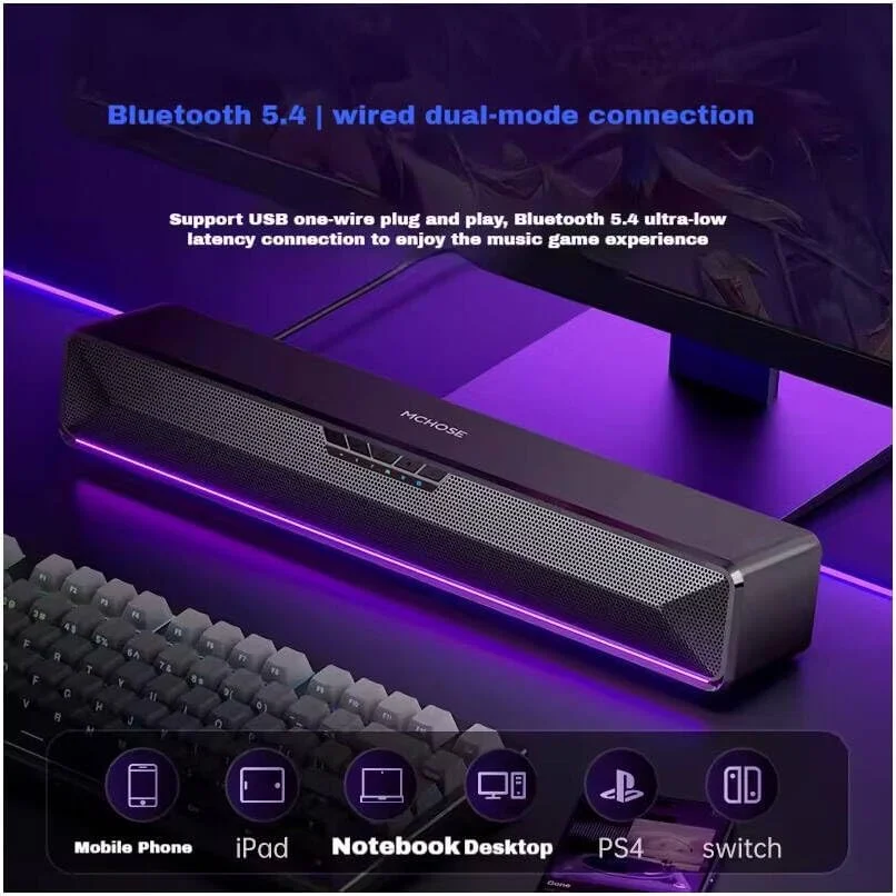 اسپیکر بلوتوث MCHOSE G20، میکروفون HD 360 درجه، صدای استریو + صدای باس، نورپردازی RGB، فناوری تاخیر صفر TopSpeed، اتصال بی سیم تا 10 متر، مشکی | اورجینال اسپیکر بلوتوث MCHOSE G20، میکروفون HD 360 درجه، صدای استریو + صدای باس، نورپردازی RGB، فناوری تاخیر صفر TopSpeed، اتصال بی سیم تا 10 متر، مشکی | اورجینال