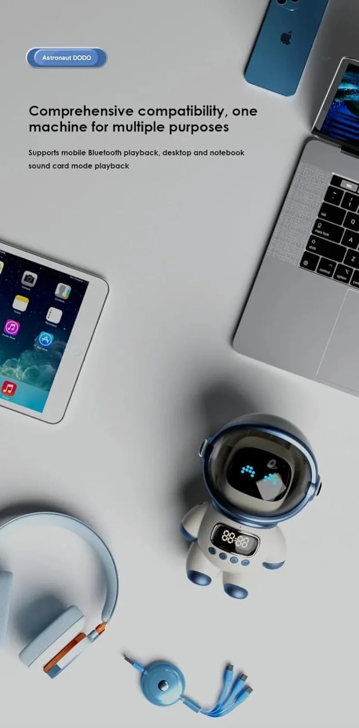 اسپیکر هوشمند فضانورد بی سیم بلوتوثی - اسپیکر بلوتوثی چند منظوره ربات فضایی بی سیم با ساب ووفر، چراغ های LED، صدای بهبود یافته و طراحی قابل حمل برای کودکان