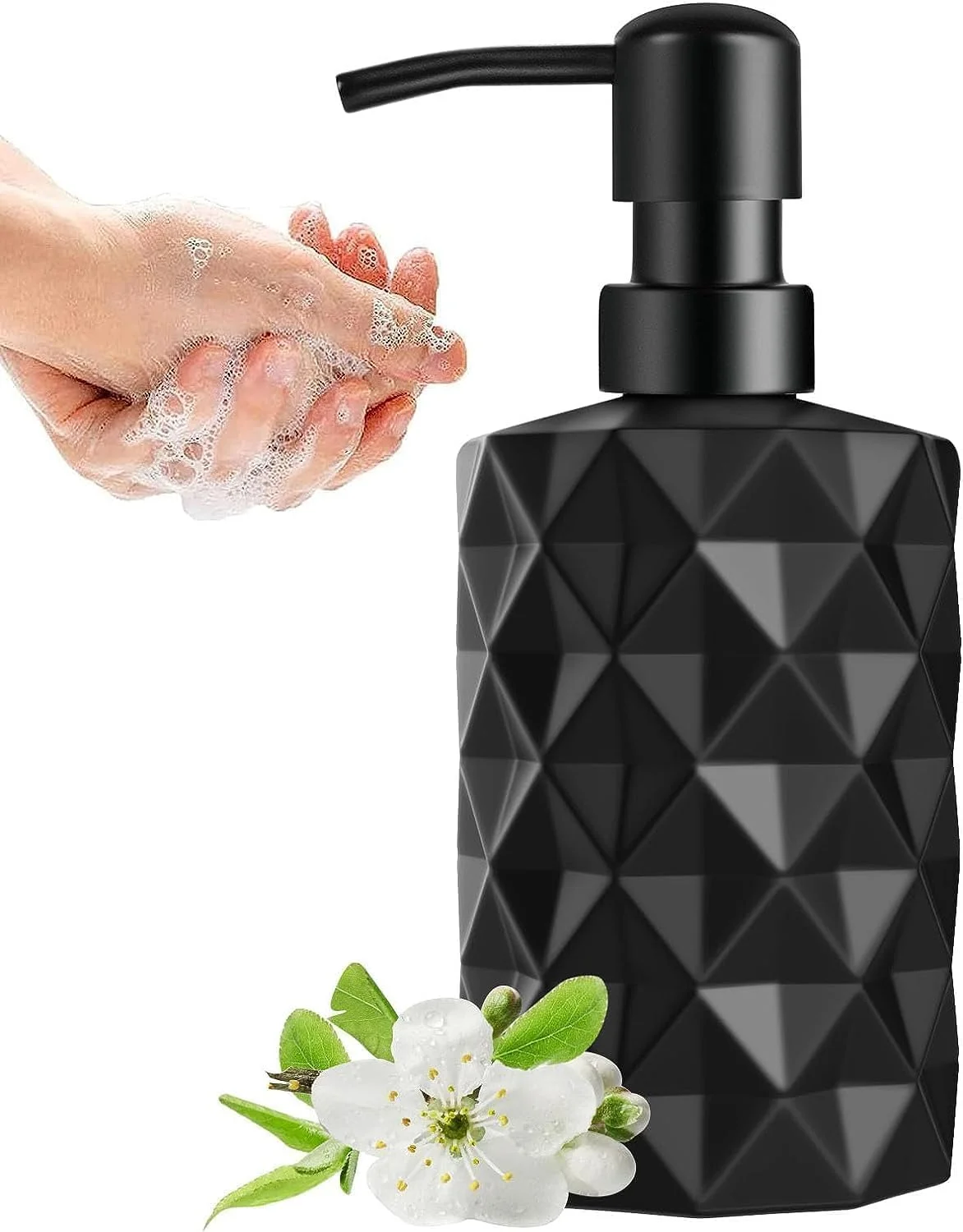 ظرف مایع دستشویی شیشه ای مشکی الماسی، بطری قابل پر کردن مجدد 350 میلی لیتری با پمپ پلاستیکی برای مایع دستشویی، مایع ظرفشویی و لوسیون، مناسب برای استفاده در آشپزخانه و حمام
