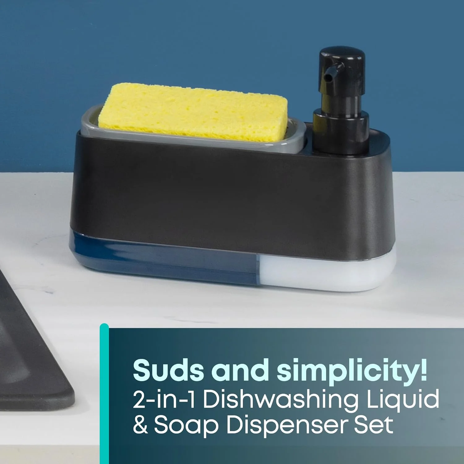 مایع ظرفشویی و جا اسکاچی 2 در 1 Fineway - طراحی دو محفظه ای، پایه ضد لغزش، پایه شفاف برای نمایش میزان مایع، پلاستیک ABS بادوام و استیل ضد زنگ 304 (مشکی)