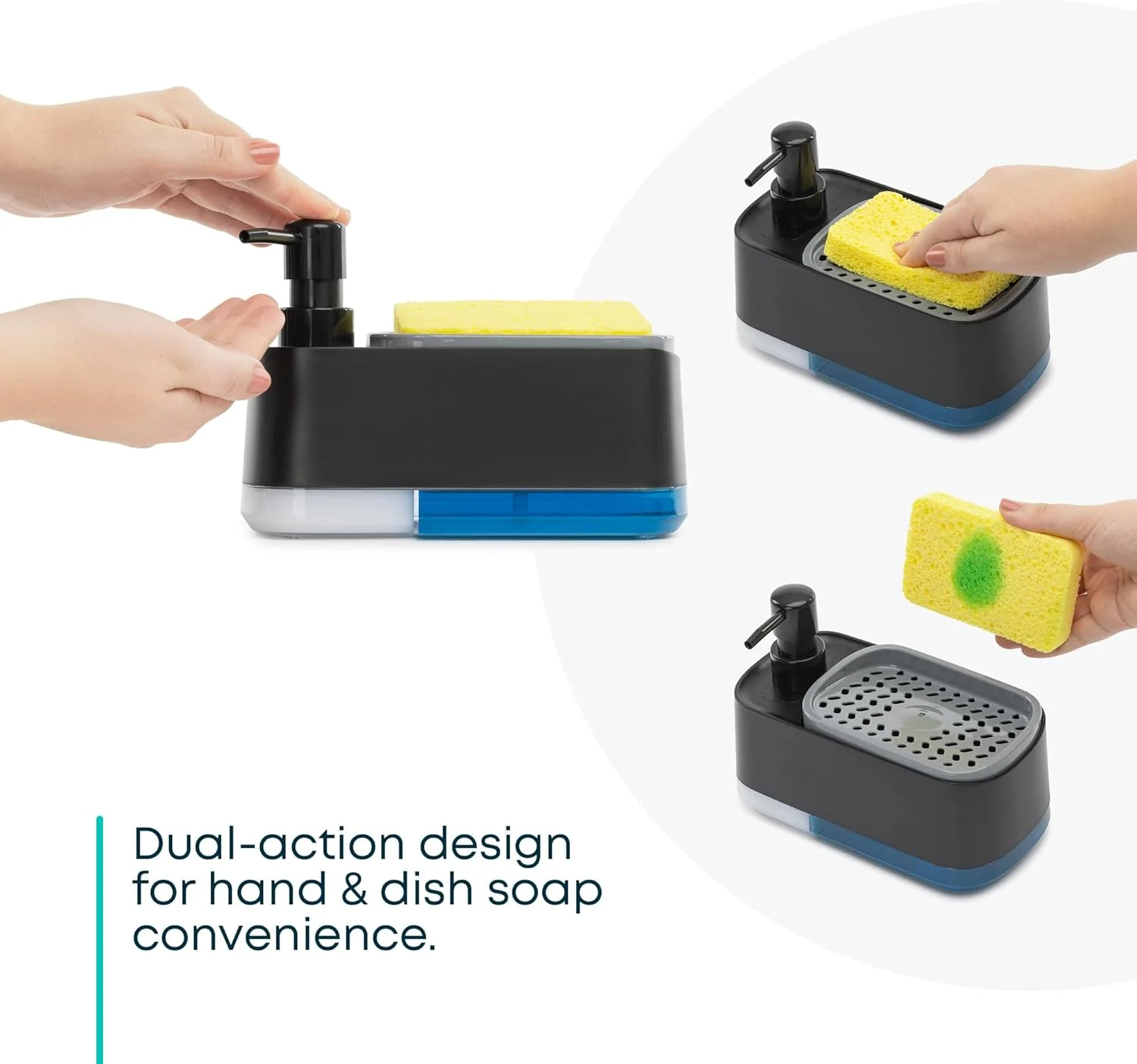 مایع ظرفشویی و جا اسکاچی 2 در 1 Fineway - طراحی دو محفظه ای، پایه ضد لغزش، پایه شفاف برای نمایش میزان مایع، پلاستیک ABS بادوام و استیل ضد زنگ 304 (مشکی)