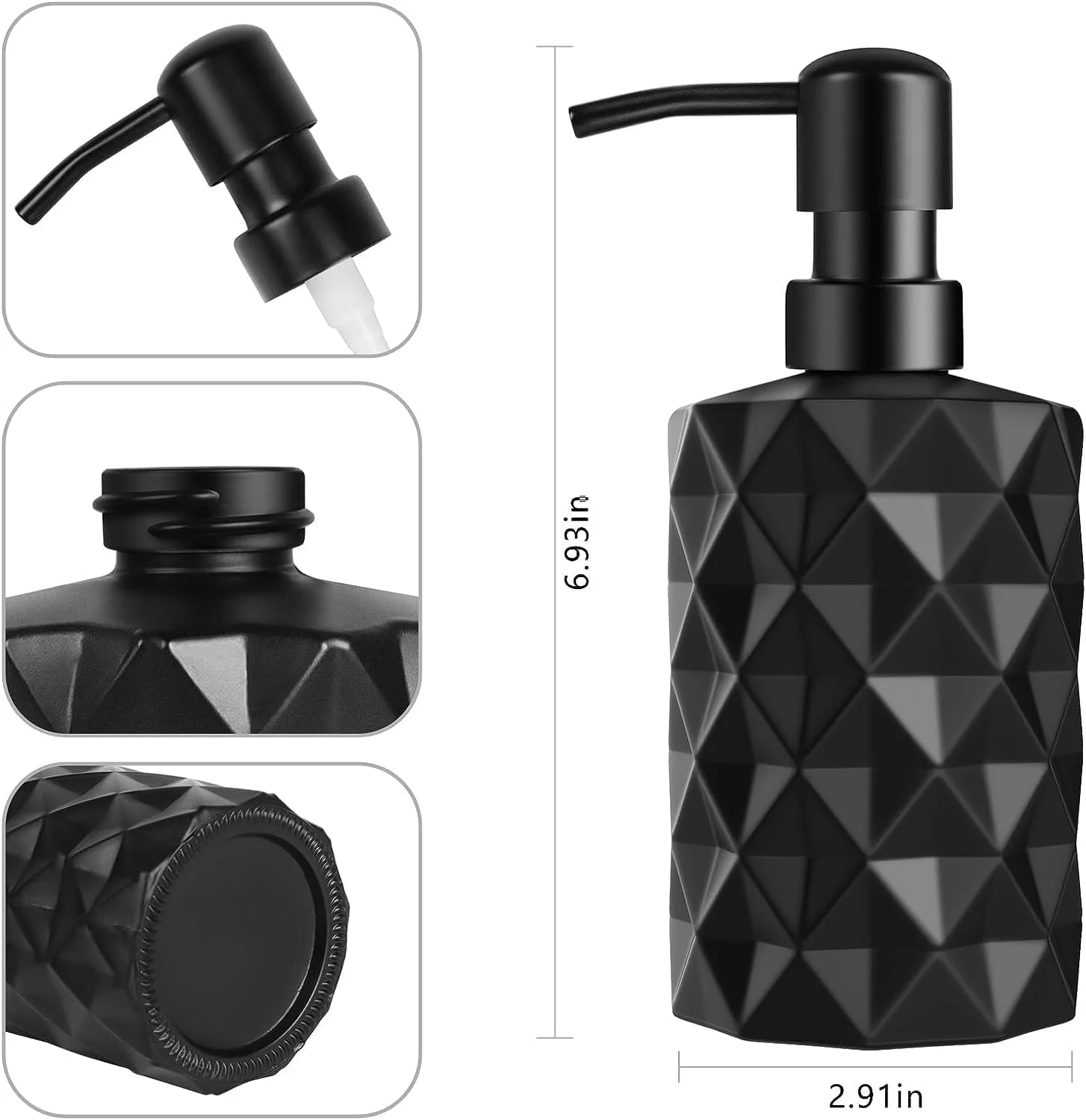 ظرف مایع دستشویی شیشه ای مشکی الماسی، بطری قابل پر کردن مجدد 350 میلی لیتری با پمپ پلاستیکی برای مایع دستشویی، مایع ظرفشویی و لوسیون، مناسب برای استفاده در آشپزخانه و حمام ظرف مایع دستشویی شیشه ای مشکی الماسی، بطری قابل پر کردن مجدد 350 میلی لیتری با پمپ پلاستیکی برای مایع دستشویی، مایع ظرفشویی و لوسیون، مناسب برای استفاده در آشپزخانه و حمام