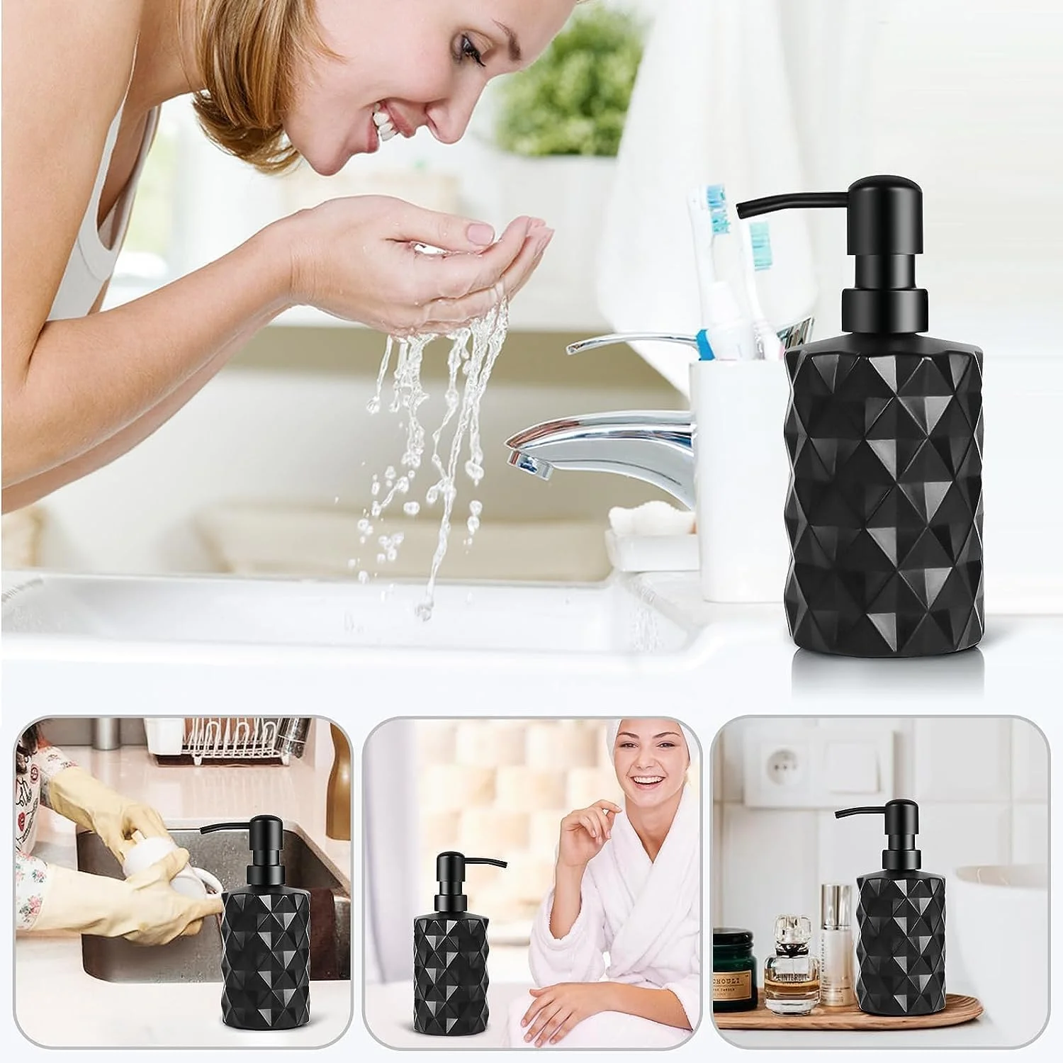 ظرف مایع دستشویی شیشه ای مشکی الماسی، بطری قابل پر کردن مجدد 350 میلی لیتری با پمپ پلاستیکی برای مایع دستشویی، مایع ظرفشویی و لوسیون، مناسب برای استفاده در آشپزخانه و حمام ظرف مایع دستشویی شیشه ای مشکی الماسی، بطری قابل پر کردن مجدد 350 میلی لیتری با پمپ پلاستیکی برای مایع دستشویی، مایع ظرفشویی و لوسیون، مناسب برای استفاده در آشپزخانه و حمام