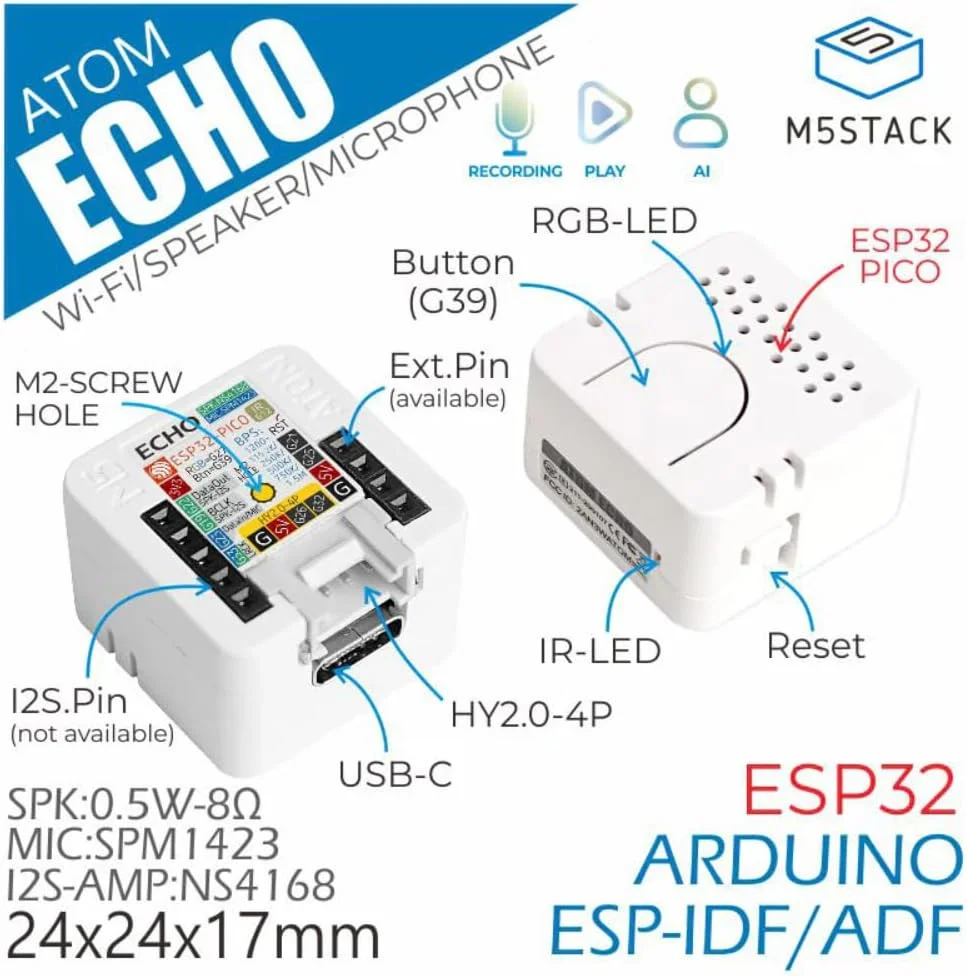 M5Stack Atom Echo - مینی اسپیکر هوشمند قابل برنامه ریزی با بلوتوث، میکروفون، بلندگو و LED RGB | ایده آل برای پروژه های IoT و صوتی