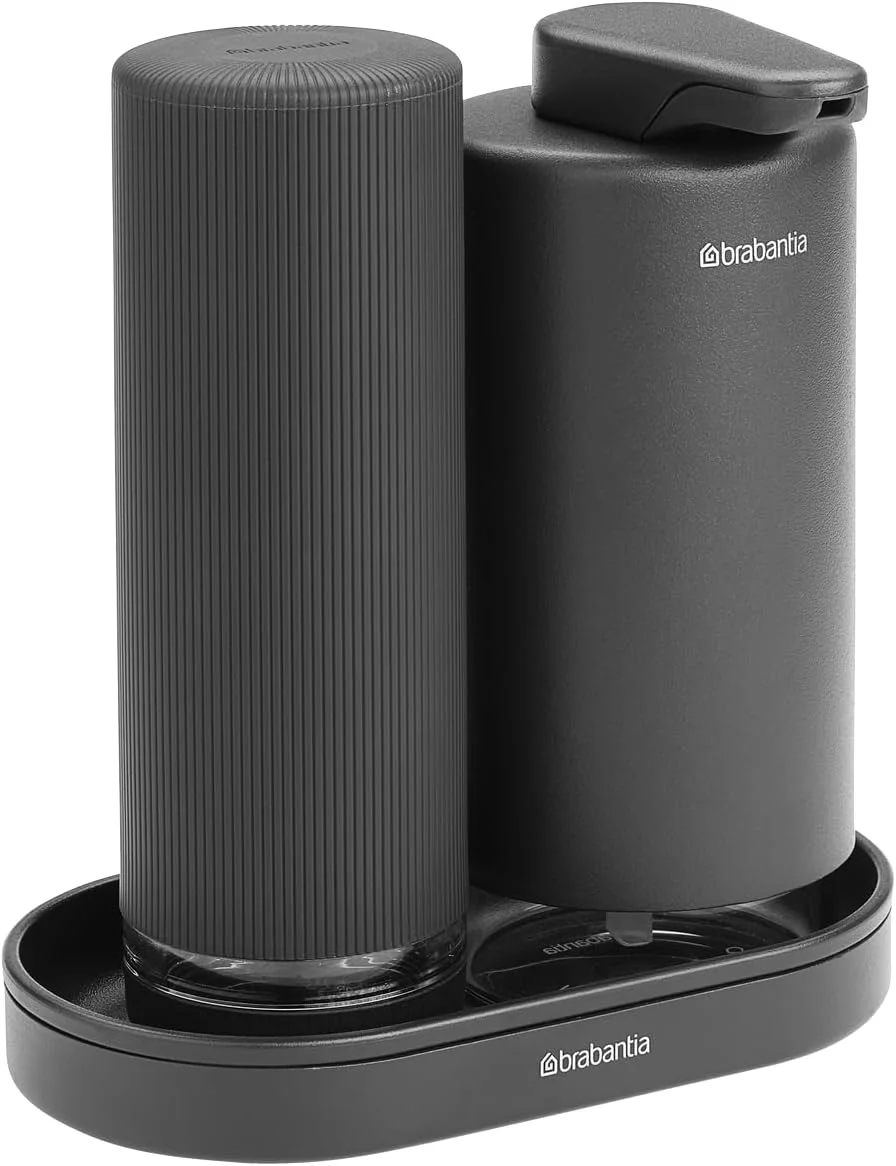 ست جا مایع ظرفشویی و دستشویی برابانتیا مدل SinkStyle با 2 جا مایع شیک برای مایع دستشویی و ظرفشویی، سینی بافت دار و فشار دهنده مایع - خاکستری بی نهایت معدنی، 2 عدد 200 میلی لیتری