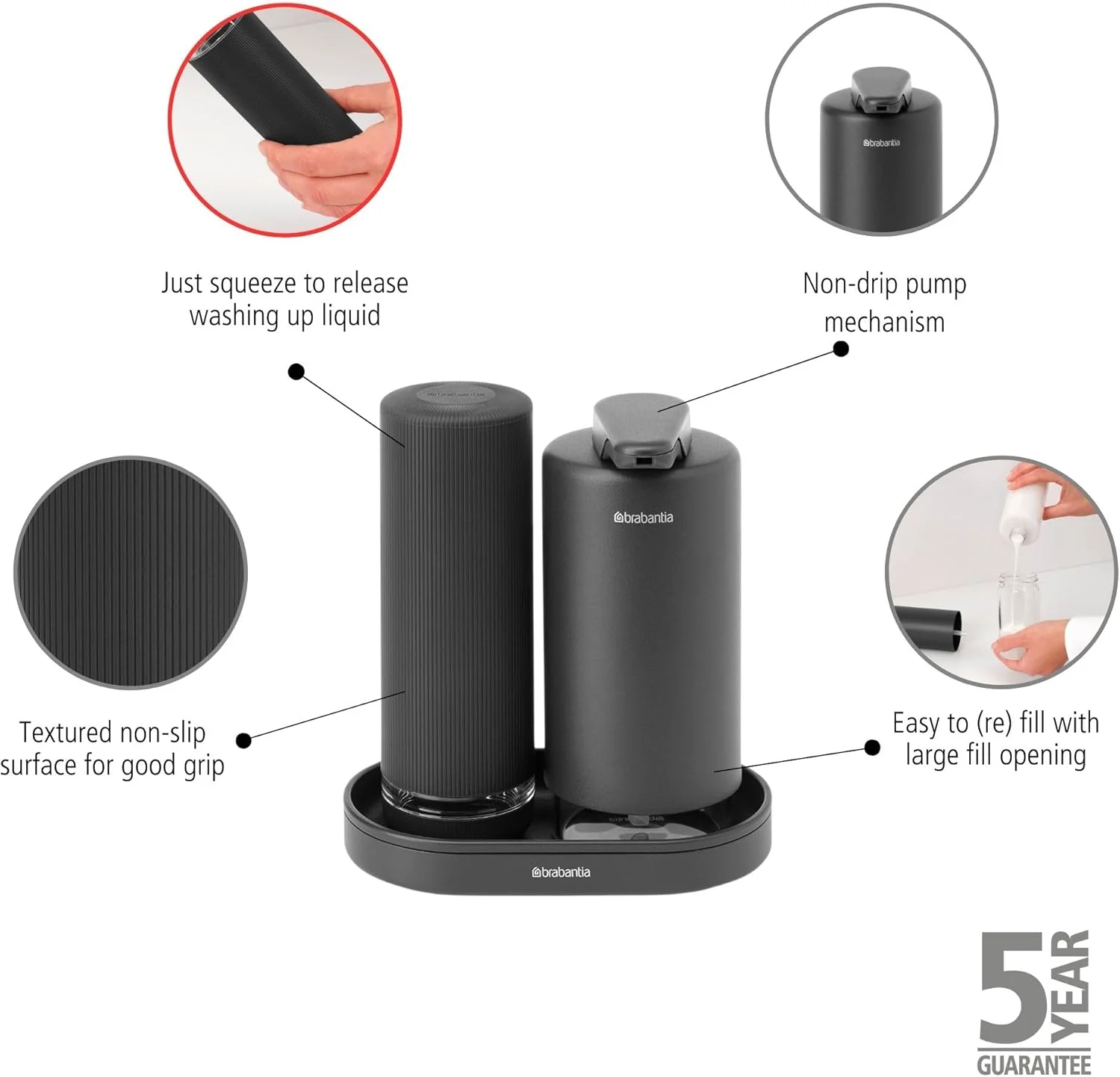 ست جا مایع ظرفشویی و دستشویی برابانتیا مدل SinkStyle با 2 جا مایع شیک برای مایع دستشویی و ظرفشویی، سینی بافت دار و فشار دهنده مایع - خاکستری بی نهایت معدنی، 2 عدد 200 میلی لیتری