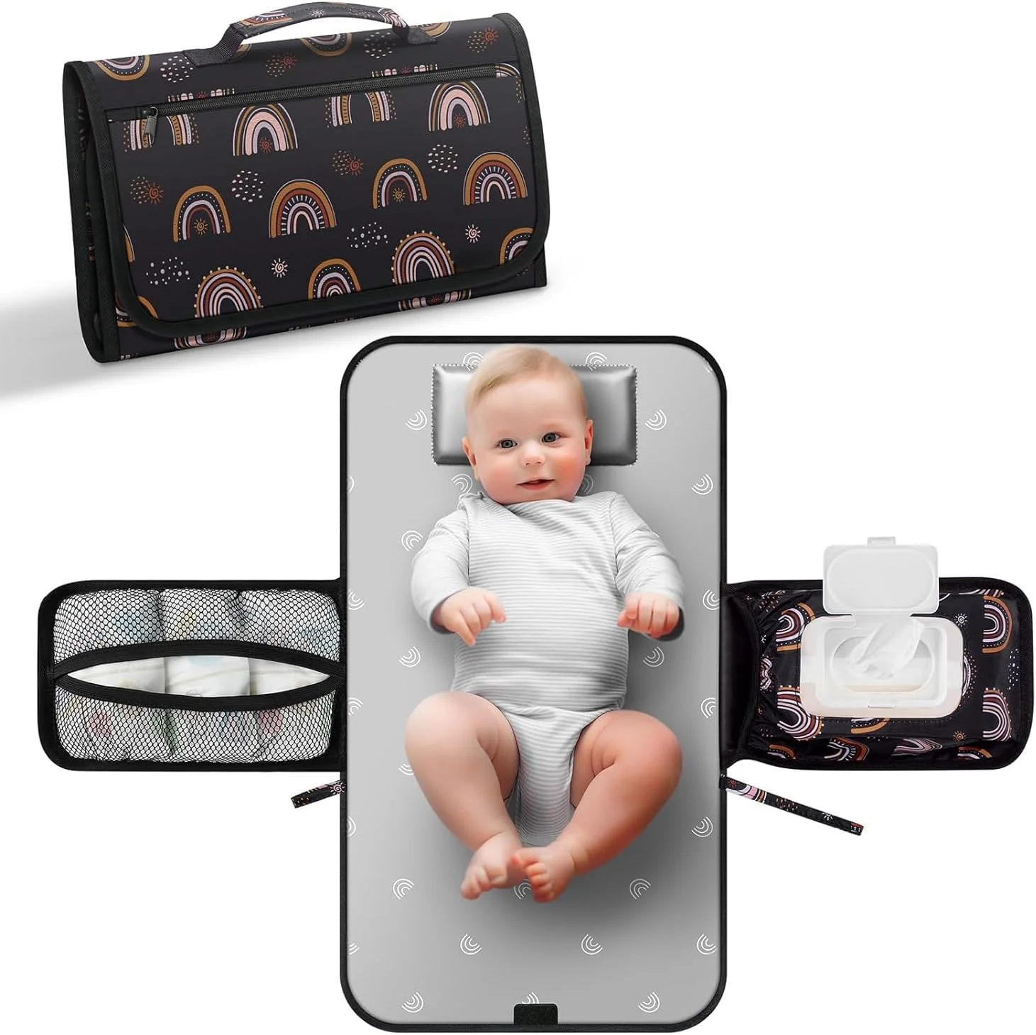 زیرانداز تعویض پوشک قابل حمل ZONEY، زیرانداز تعویض کودک مسافرتی با جیب دستمال مرطوب برای نوزاد دختر و پسر، تشک تعویض ضد آب قابل حمل، رنگین کمان خورشید زیرانداز تعویض پوشک قابل حمل ZONEY، زیرانداز تعویض کودک مسافرتی با جیب دستمال مرطوب برای نوزاد دختر و پسر، تشک تعویض ضد آب قابل حمل، رنگین کمان خورشید