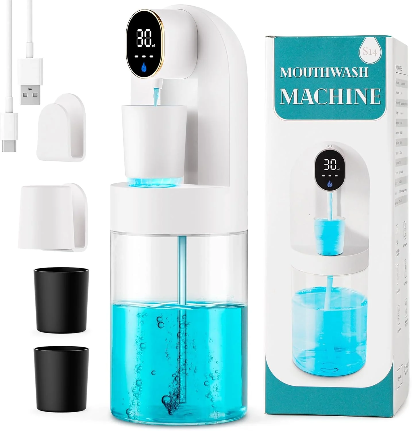 دستگاه پخش دهانشویه اتوماتیک برای حمام، دستگاه هوشمند بدون لمس 625 میلی لیتری به همراه 4 فنجان مغناطیسی، 4 حالت قابل تنظیم، قابل نصب روی دیوار، مناسب خانه و کودکان