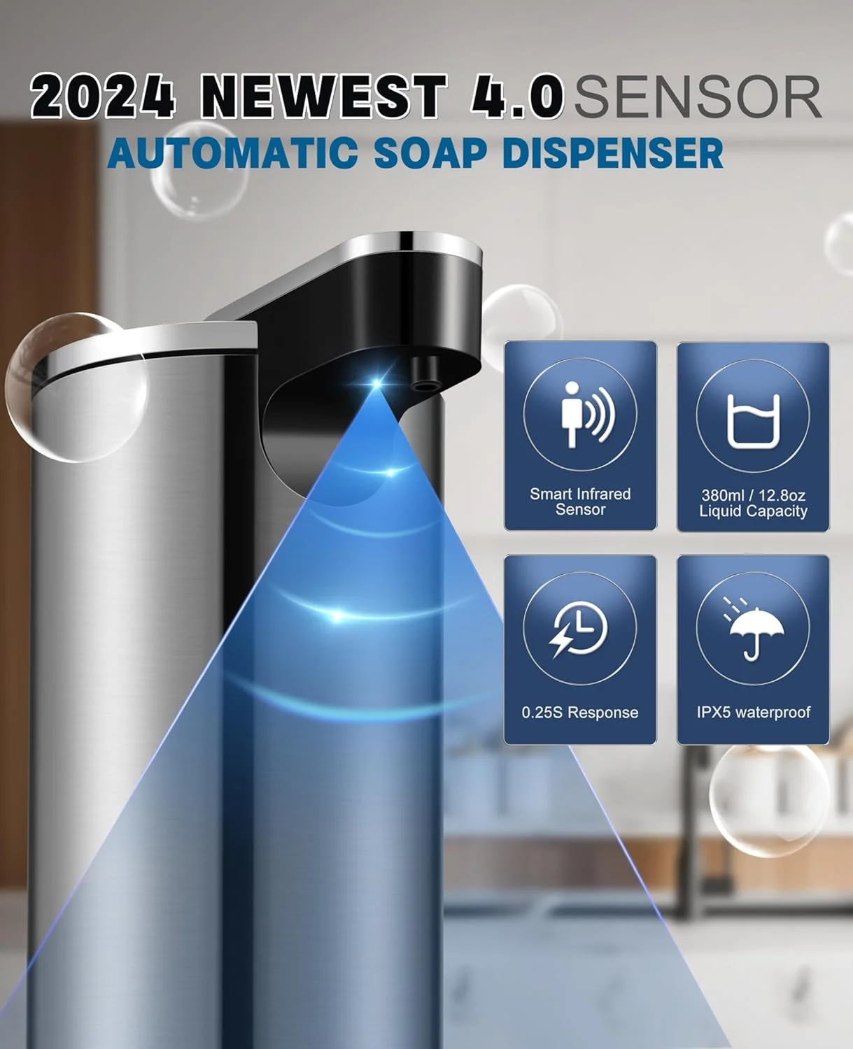 Automatic Soap Dispenser, 13.5oz/400ml Stainless Steel Touchless Soap Dispenser Liquid, 3 Levels Adjustable Infrared Sensor Free Hand Electric Dish Dispenser for Bathroom,Kitchen,Hotel