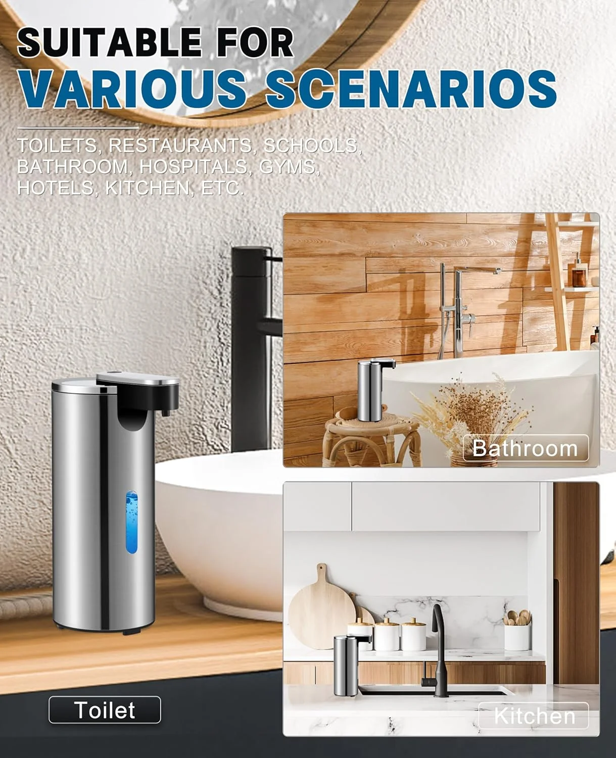 Automatic Soap Dispenser, 13.5oz/400ml Stainless Steel Touchless Soap Dispenser Liquid, 3 Levels Adjustable Infrared Sensor Free Hand Electric Dish Dispenser for Bathroom,Kitchen,Hotel