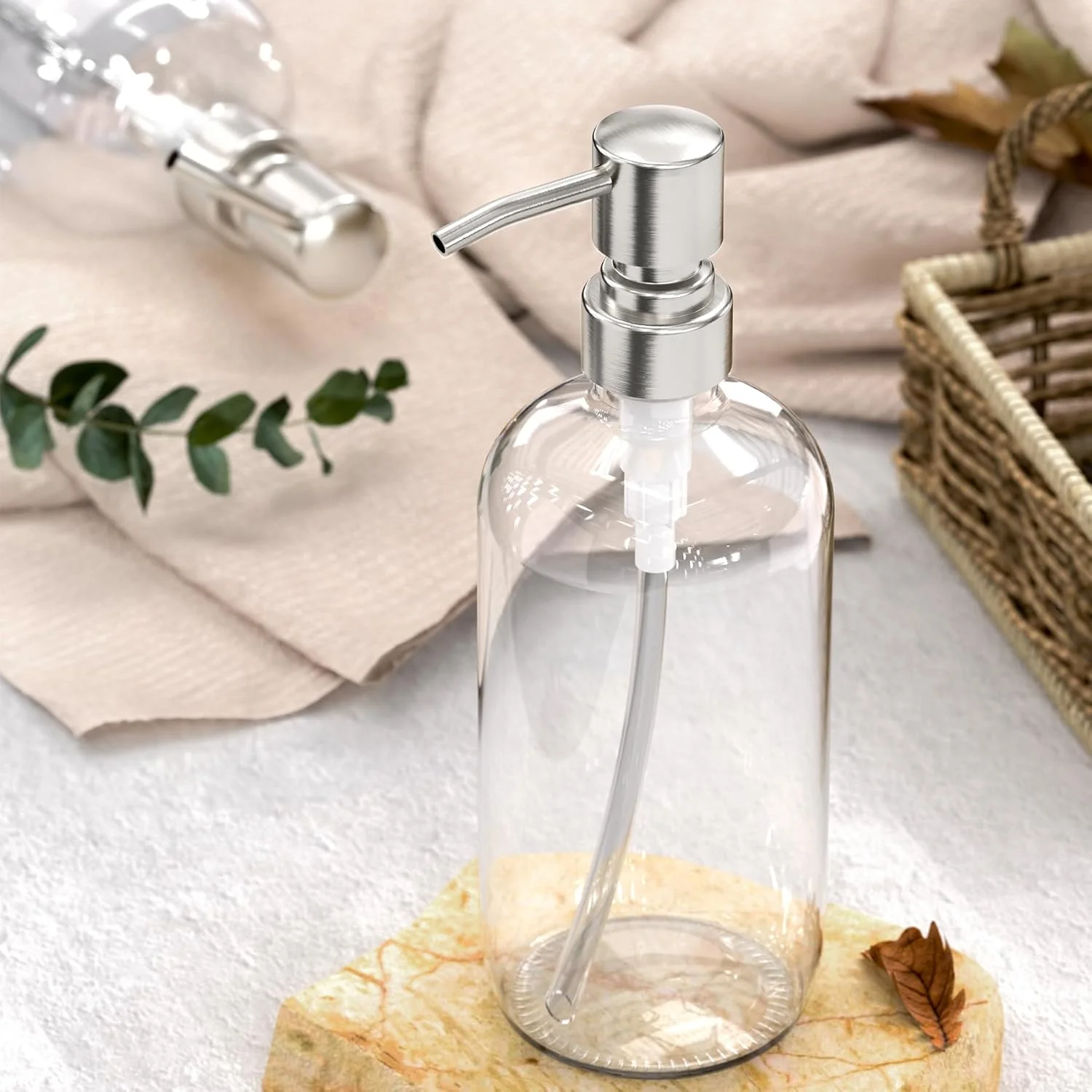 پمپ مایع دستشویی آمازربث، بسته 2 عددی، جنس شیشه با پمپ استیل ضد زنگ، ظرفیت 500 میلی لیتر، مناسب برای دستشویی و آشپزخانه، شفاف