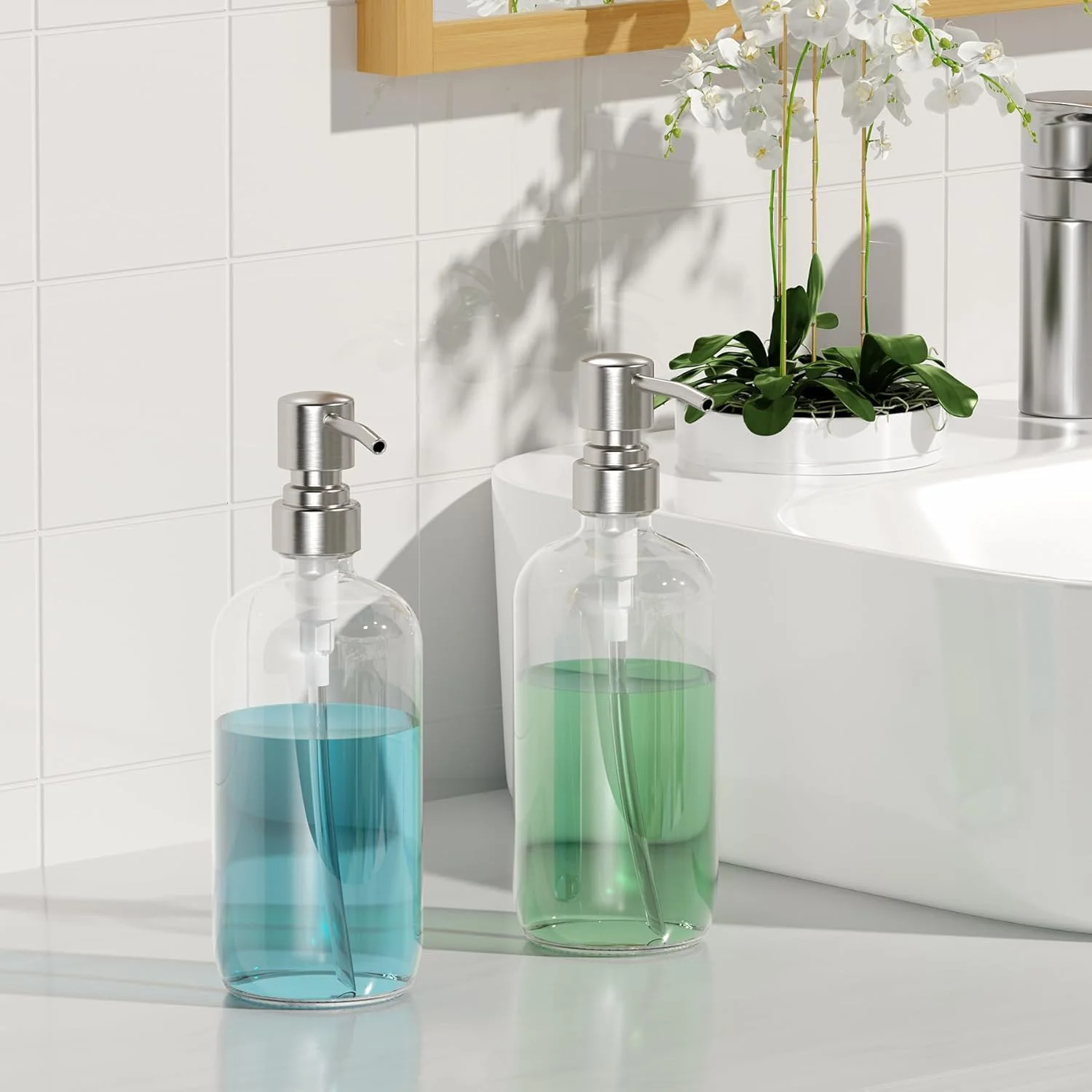 پمپ مایع دستشویی آمازربث، بسته 2 عددی، جنس شیشه با پمپ استیل ضد زنگ، ظرفیت 500 میلی لیتر، مناسب برای دستشویی و آشپزخانه، شفاف