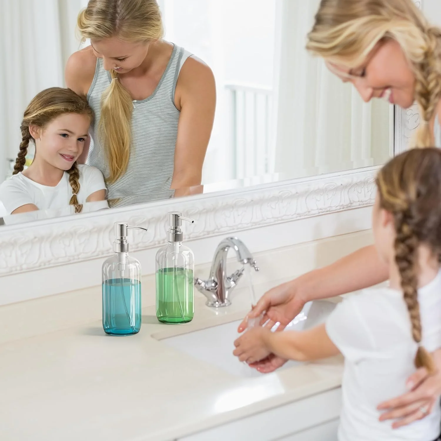 پمپ مایع دستشویی آمازربث، بسته 2 عددی، جنس شیشه با پمپ استیل ضد زنگ، ظرفیت 500 میلی لیتر، مناسب برای دستشویی و آشپزخانه، شفاف