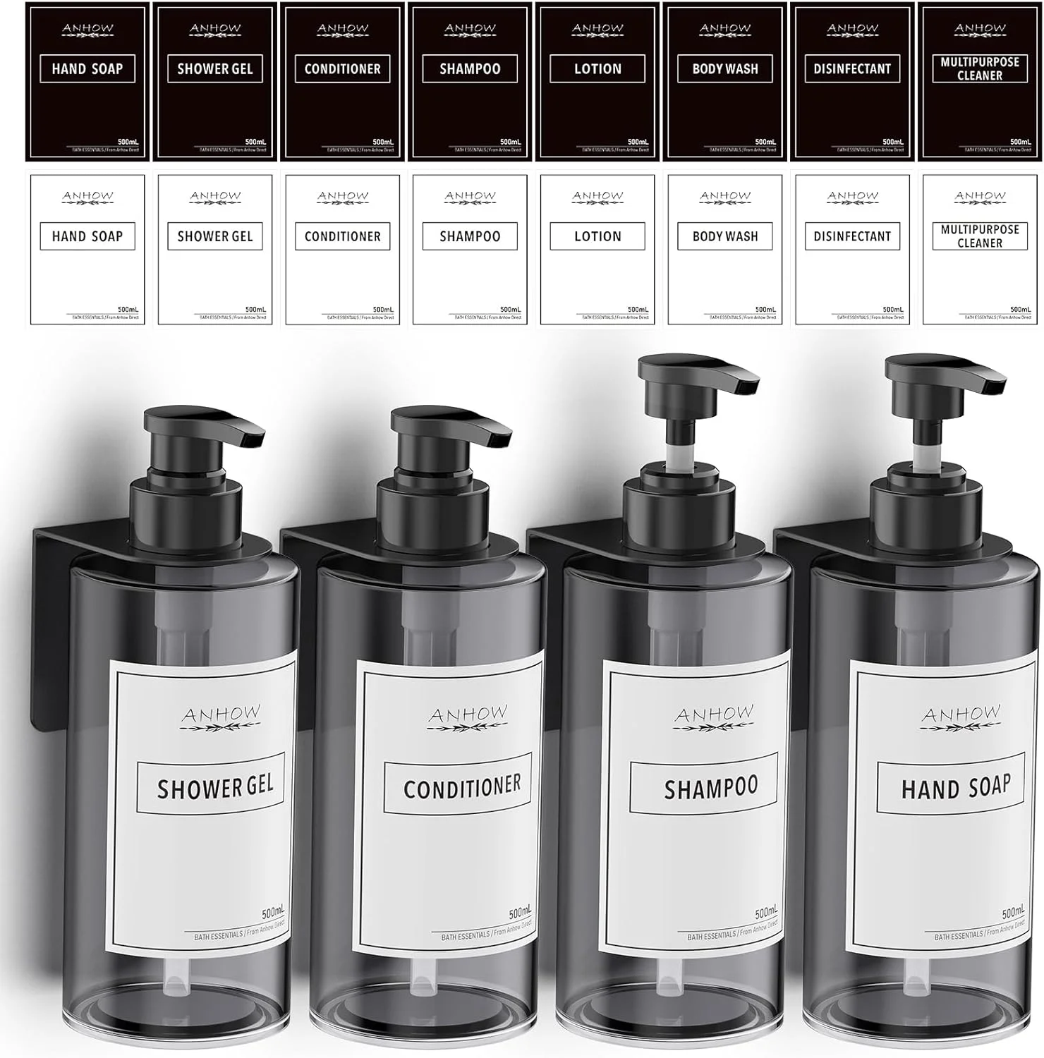 جا مایع دیواری آنهو 4 عدد 500 میلی لیتری، مناسب مایع دستشویی، شامپو و ژل حمام، نصب آسان بدون نیاز به سوراخکاری، به همراه قیف و برچسب ضد آب - خاکستری