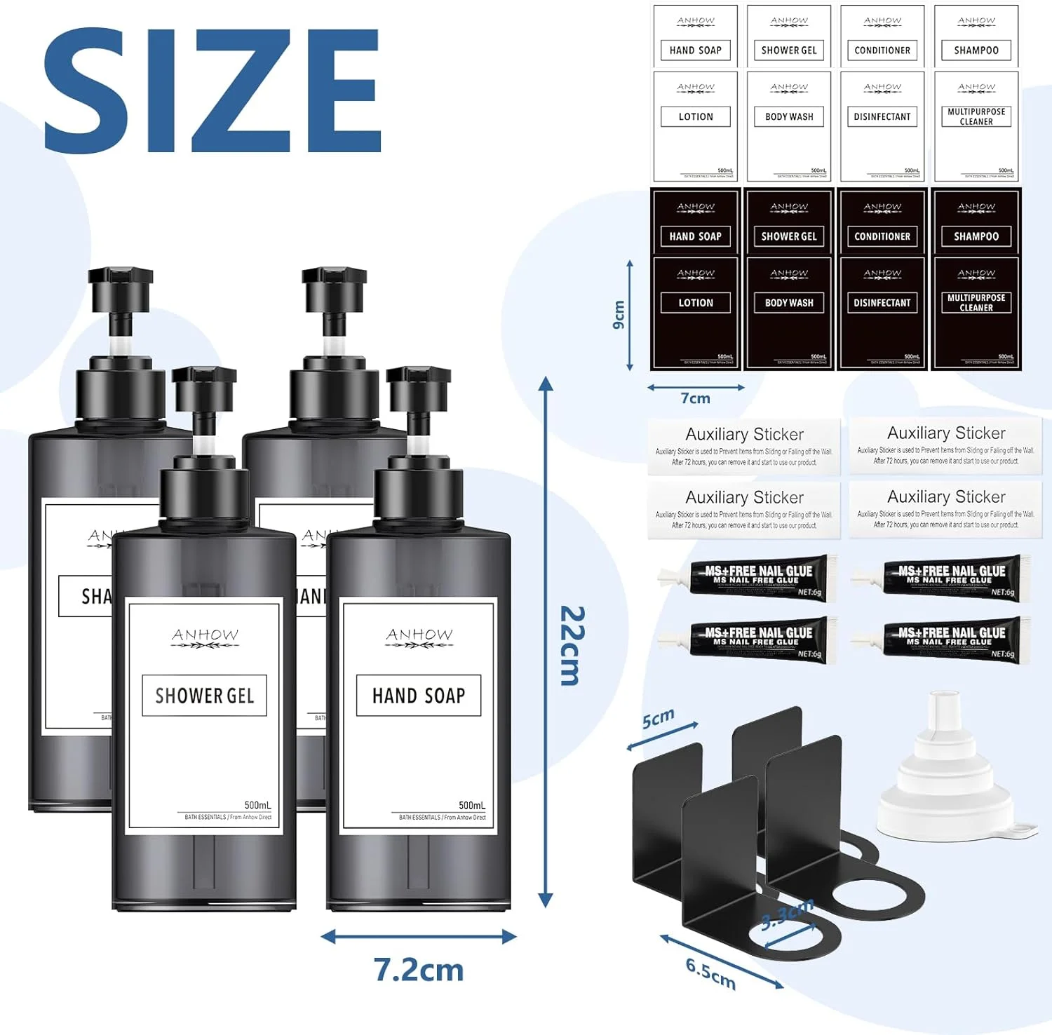 جا مایع دیواری آنهو 4 عدد 500 میلی لیتری، مناسب مایع دستشویی، شامپو و ژل حمام، نصب آسان بدون نیاز به سوراخکاری، به همراه قیف و برچسب ضد آب - خاکستری