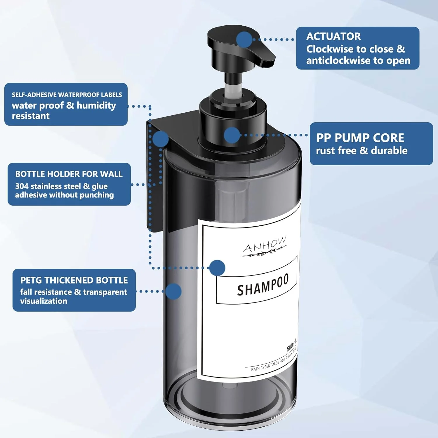 جا مایع دیواری آنهو 4 عدد 500 میلی لیتری، مناسب مایع دستشویی، شامپو و ژل حمام، نصب آسان بدون نیاز به سوراخکاری، به همراه قیف و برچسب ضد آب - خاکستری