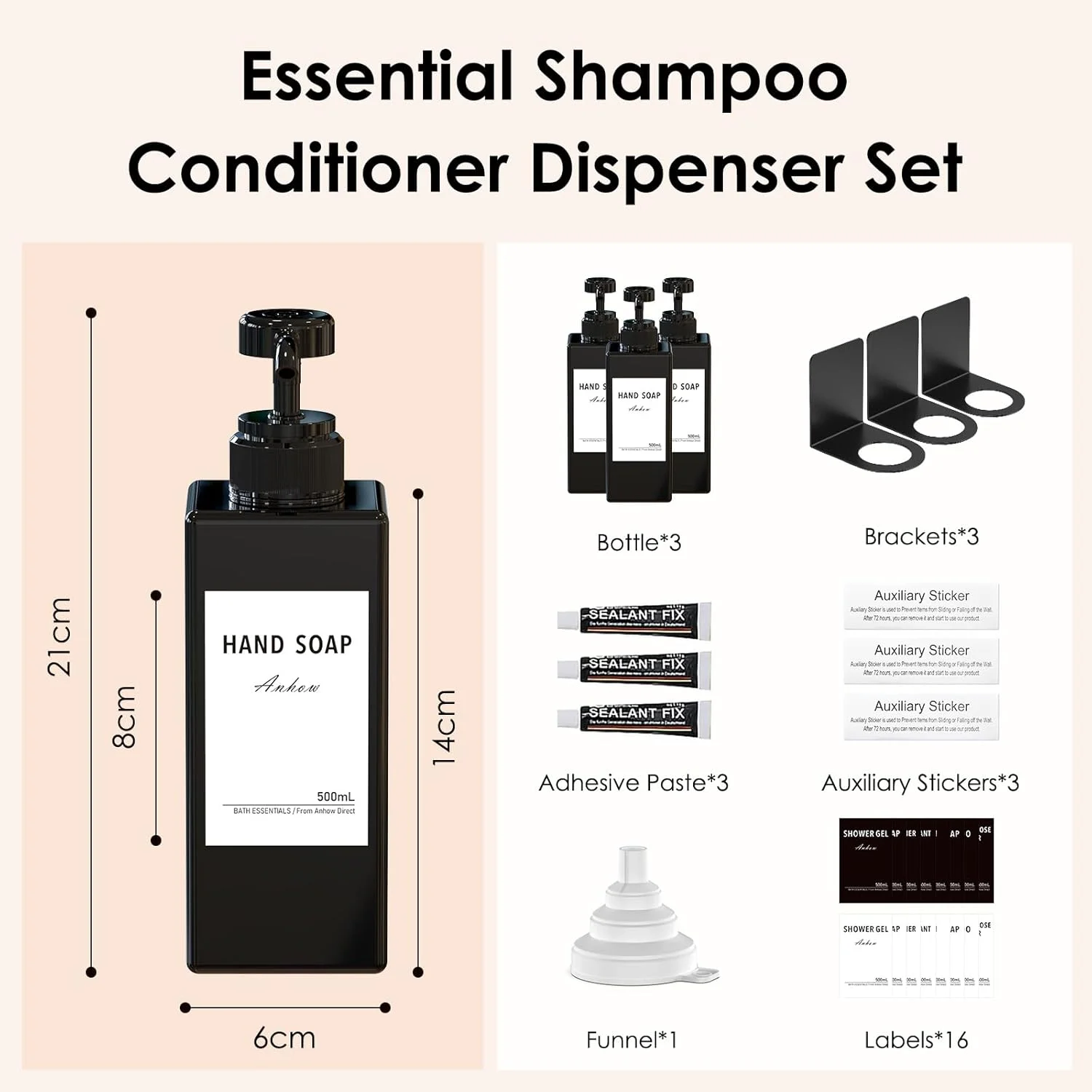 ست جا مایع دیواری آنهو، جا مایع دیواری 500 میلی لیتری بدون نیاز به سوراخ کاری، جا مایع ظرفشویی برای آشپزخانه و حمام - مشکی (بسته 3 عددی)