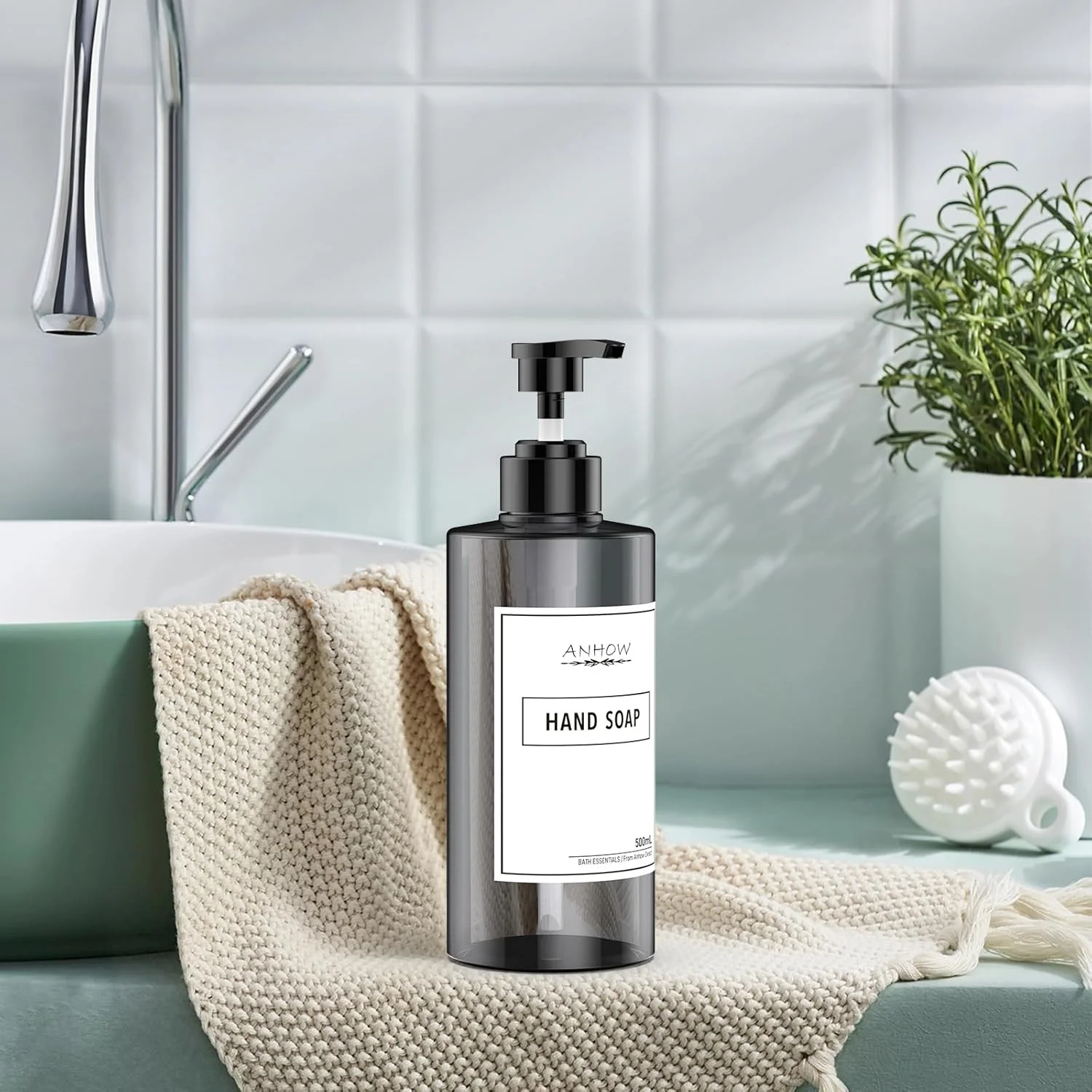 جا مایع دیواری آنهو 4 عدد 500 میلی لیتری، مناسب مایع دستشویی، شامپو و ژل حمام، نصب آسان بدون نیاز به سوراخکاری، به همراه قیف و برچسب ضد آب - خاکستری