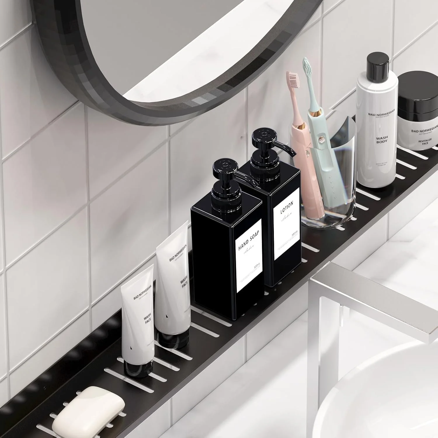 ست جا مایع دیواری آنهو، جا مایع دیواری 500 میلی لیتری بدون نیاز به سوراخ کاری، جا مایع ظرفشویی برای آشپزخانه و حمام - مشکی (بسته 3 عددی)